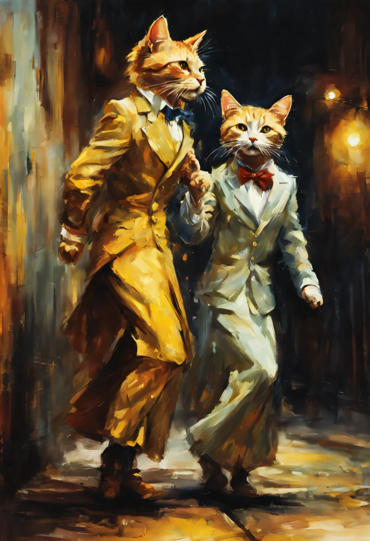 Two cats ballroom dancing in a back alley、dance in the spotlight、Loud cheers from the audience、bright stage、serious face、deep shadow、oil painting style、jazz bar background、 dramatic lighting, very realistic, 8K,
insane details, Complex, Bokeh, taken with a 60mm lens, ISO300, f/4, 1/200th,
Bright colors, Written by Pino Daeni, Vincent van Gogh, Luis Royo, Frank Frazetta
