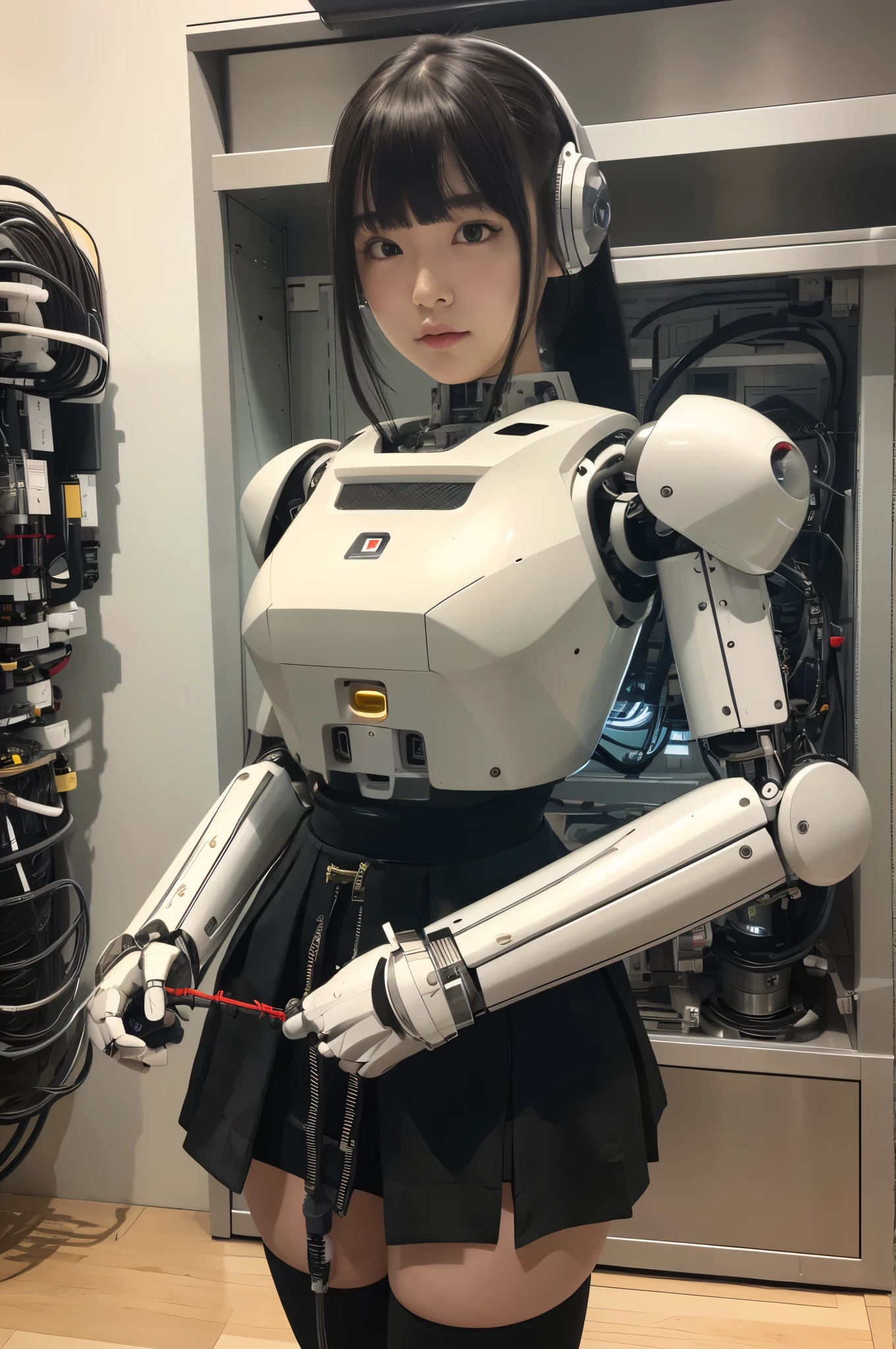 masterpiece, best quality, extremely detailed, Japaese android girl,Plump , control panels,android,Droid,Mechanical Hand, Robot arms and legs, Black hair,Blunt bangs,perfect robot girl,long tube,thick cable connected her neck,android,robot,humanoid,cyborg,japanese cyborg girl ,future laboratory,connecting a cable between the legs,skirt, high socks