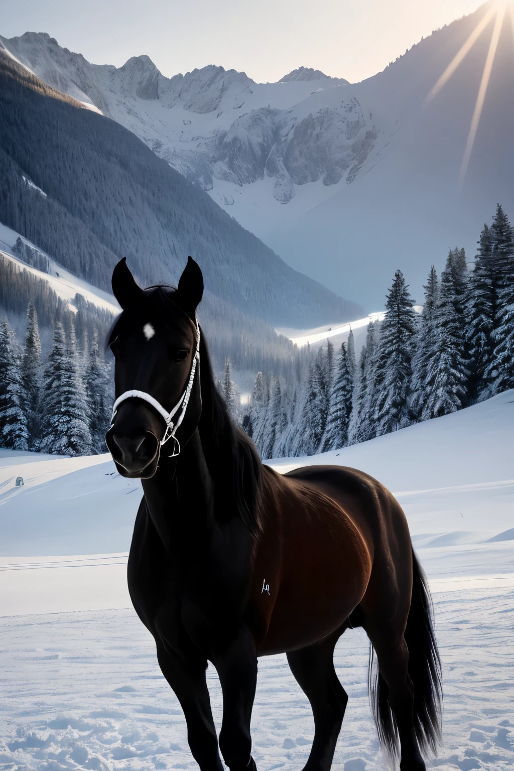 A breathtaking scene of a majestic black horse standing against the backdrop of the frozen mountains. The horse's thick, glossy black mane and tail contrast beautifully with the pristine white snow surrounding it. The horse's powerful and sturdy build is evident, as it stoically faces the bitter cold. The intricate details of its muscular body and frost-covered coat are illuminated by the cinematic lighting, casting long shadows that highlight its grandeur. The serene and peaceful atmosphere is accentuated by the tranquil silence of the mountains, making for an awe-inspiring and unforgettable masterpiece. (High resolution, 8k render, ultra