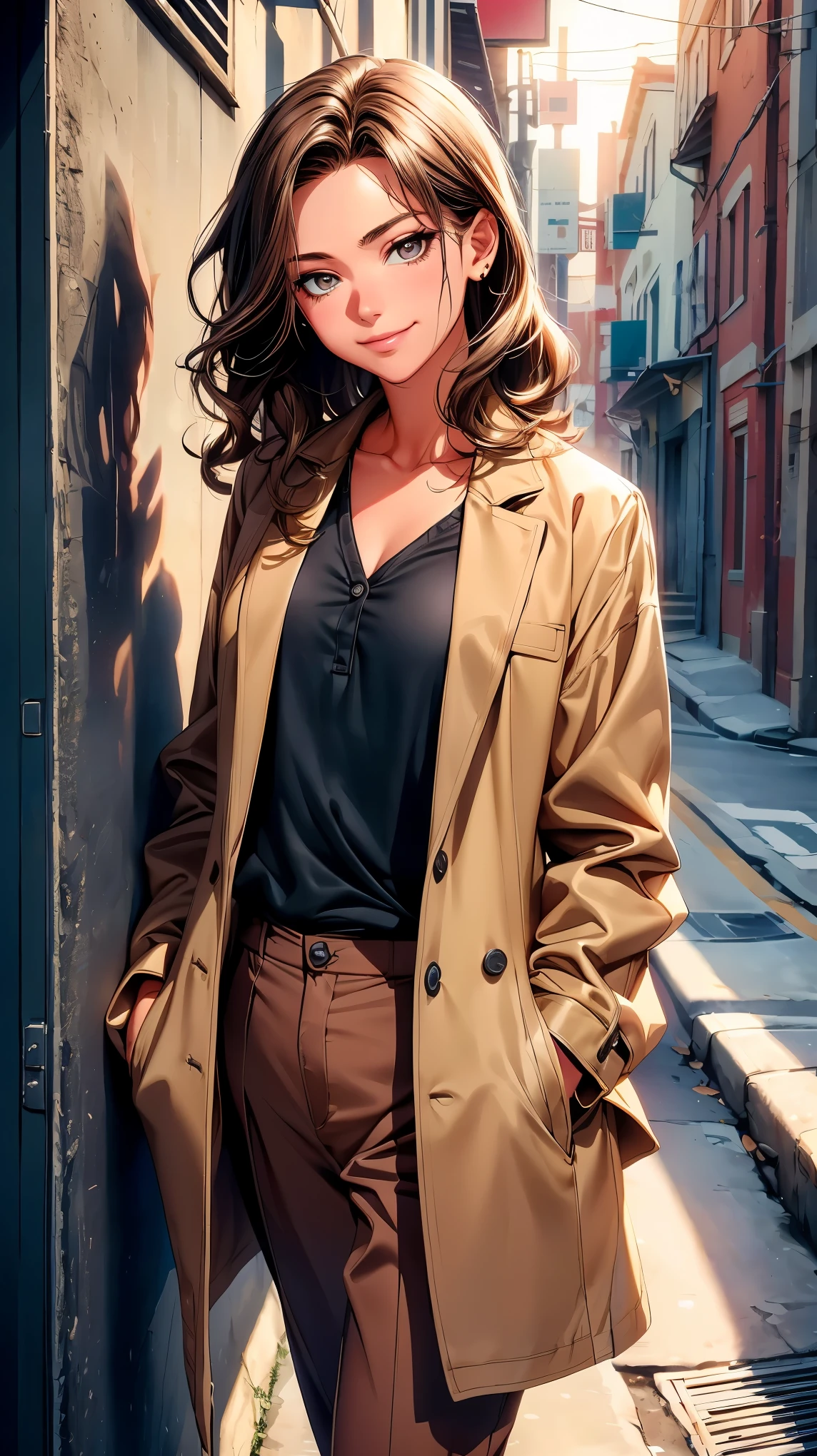 (8K, RAW photo, 最high quality, masterpiece: 1.2), High-definition RAW color photo, Professional photo shoot, cinematic light, alone, (((young woman, gal))), (Sharp features), (small face), (high detail skin: 1.2), clavicle, cute face, beautiful appearance, Clean eyelashes, (brown hair, brown eyes), (beautiful breasts), (slim body shape:1.4), very detailed顔と肌の質感, fine eyes, double eyelid, look sideways, Place your hands behind your body, ((shortcut, wavy hair)), ((open your mouth and smile:1.2)), big breasts, normal hip joint, cowboy shot, (((blouse:1.5, short chino pants:1.2, long coat))), back alley, leaning against the wall, smooth texture, staring eyes, beautiful skin, shiny skin, perfect fingers, five fingers, anatomically correct, background bokeh, high quality, surreal, bright colors, ((very detailed, photo shoot)),