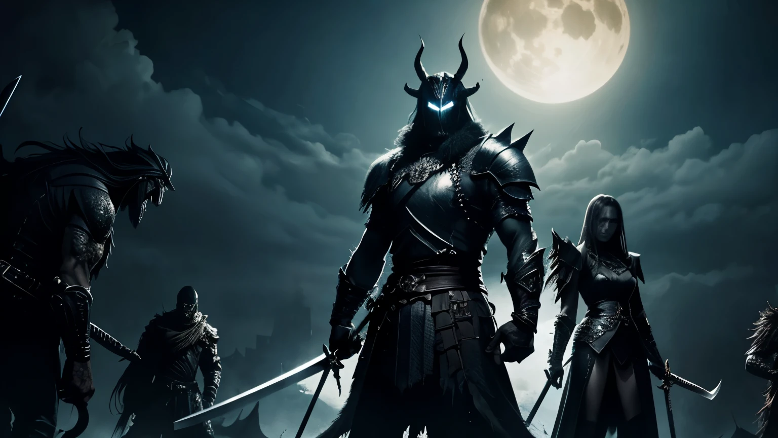 monsters in dark night, in front of warrior with sword, dark style