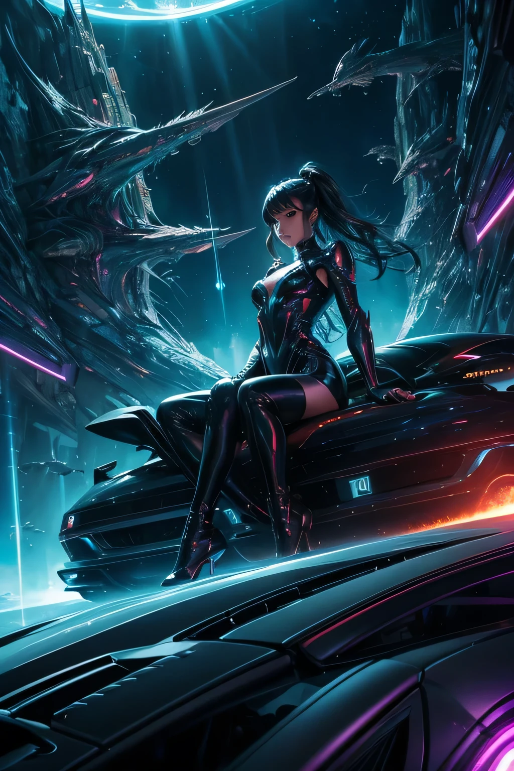 beautiful girl、spaceship、Zero gravity space、shiny、dragon style body、biomorphic、car from another world、stylish、Functions that transcend time and space、forward/Reversing function、Extradimensional space warp、Automatic driving function、using bioenergy、laser weapon equipment、fantasy world、The advent of neon lights