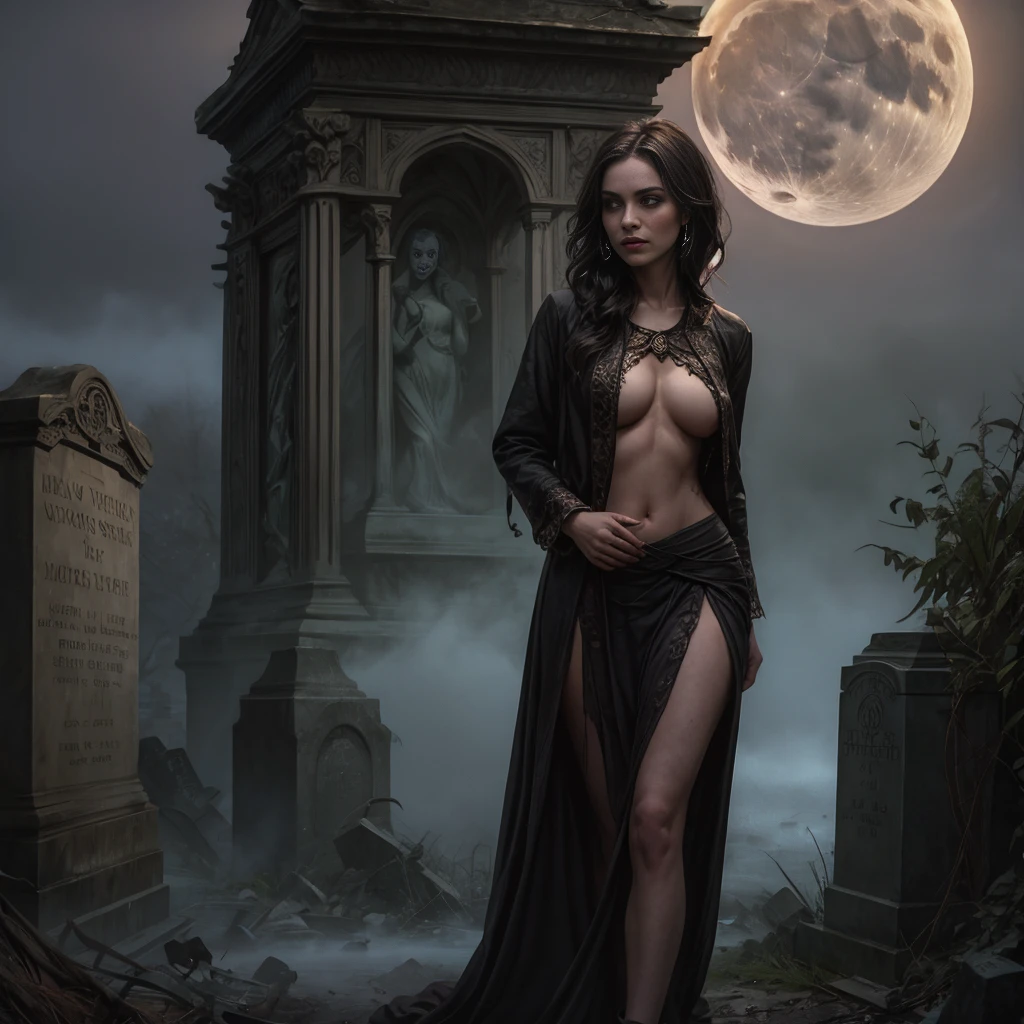 In the eerie and gothic ambiance of a moonlit cemetery, envision a solitary woman, her presence shrouded in both sorrow and allure, leaning gracefully against a crumbling mausoleum. Picture this desolate scene as the full moon casts an ethereal glow upon the decaying tombstones, t. A thick, ghostly fog blankets the ground, . On this grim stage, a lone woman leans with haunting grace against the moss-covered mausoleum, her striking beauty contrasting starkly with the surroundings. Her form, [delicate and enchanting], seems almost otherworldly in this somber place. She possesses slim [skinny figure] that grace her [slender form] with toned concave belly and smooth abdomen and [small breasts] a [narrow waist], and [graceful legs], her every movement a captivating dance. Her face, bathed in the moon's pale light . Her eyes hold a [hypnotic gaze], the [deep azure] of her irises contrasting beautifully against the fog. Her [arched, alluring eyebrows] frame her gaze, inviting those who dare to delve into the depths of her soul. [Long, alluring eyelashes] and [subtle, smoky eyeliner] hint at a life steeped in shadows, and her [enigmatic smile] holds the power to both enchant and haunt, nsfw, subtle nudity, exposed
