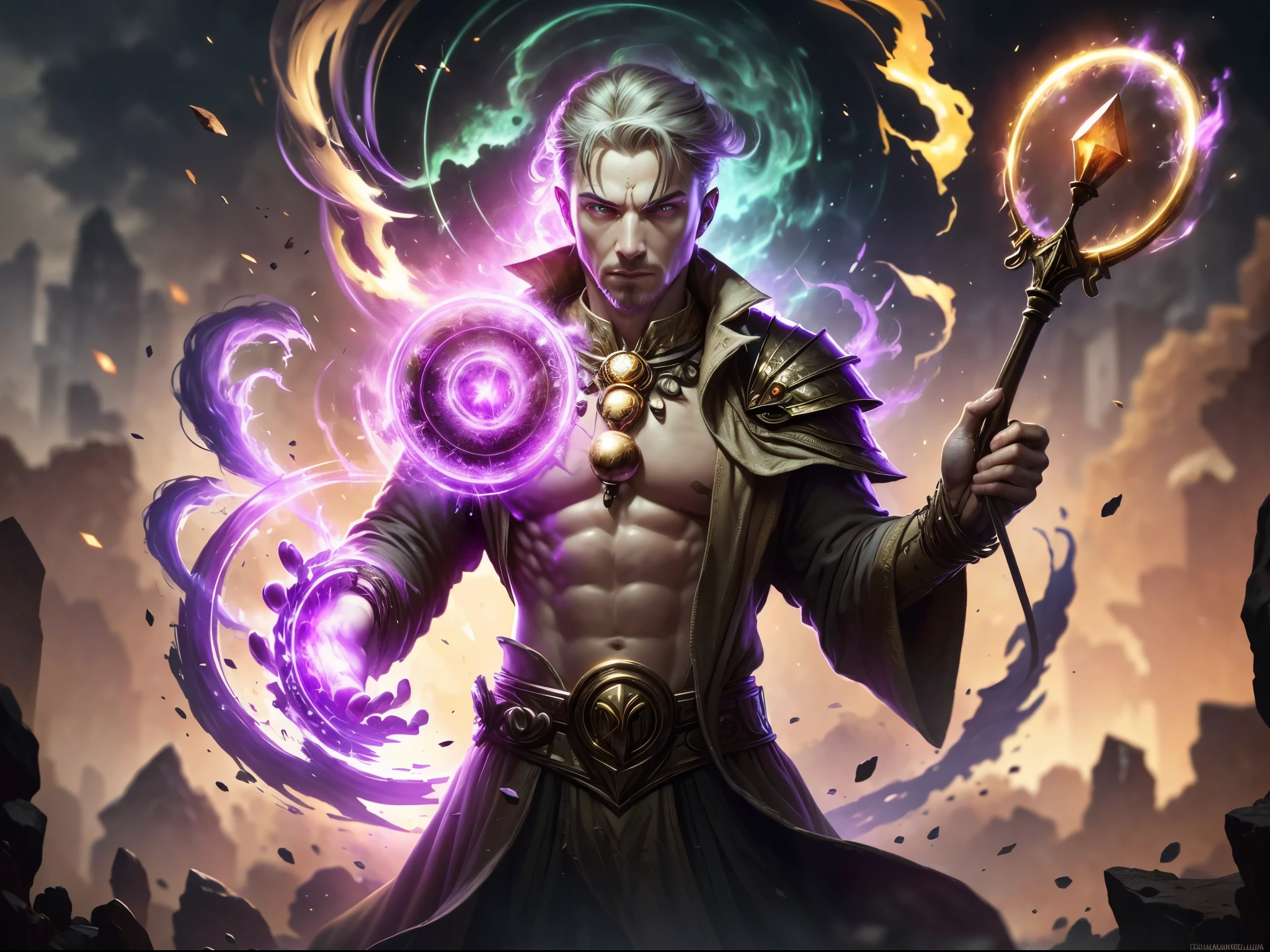 (masterpiece, high resolution, mystical:1.2), a powerful and aged mage stands at the precipice of casting a devastating area-of-effect spell. The mage is surrounded by intricate magic circles, pulsating with arcane energy, as he performs intricate hand gestures towards the symbols. With a long flowing robe and a staff adorned with ancient runes, he emanates an aura of wisdom and mastery over the mystical arts. The scene is set against a breathtaking sunset, casting a warm golden glow over the mage and his surroundings. The clouds in the sky reflect hues of purple and orange, creating a captivating backdrop for the mage's arcane display. As he channels his magical energy, wisps of energy radiate from his fingertips, crackling with power. The image captures the essence of a seasoned mage harnessing the forces of magic to unleash a potent spell, as the world around him is bathed in the twilight of the setting sun. With the use of depth of field (DOF), super-resolution, and high megapixel rendering, every element comes to life with cinematic lightning and anti-aliasing techniques like FKAA, TXAA, and RTX. The addition of SSAO (Screen Space Ambient Occlusion) and various post-processing effects in both post-production and tone mapping elevate the visual quality to a whole new level. With the use of depth of field (DOF), super-resolution, and high megapixel rendering, every element comes to life with cinematic lightning and anti-aliasing techniques like FKAA, TXAA, and RTX. The addition of SSAO (Screen Space Ambient Occlusion) and various post-processing effects in both post-production and tone mapping elevate the visual quality to a whole new level.