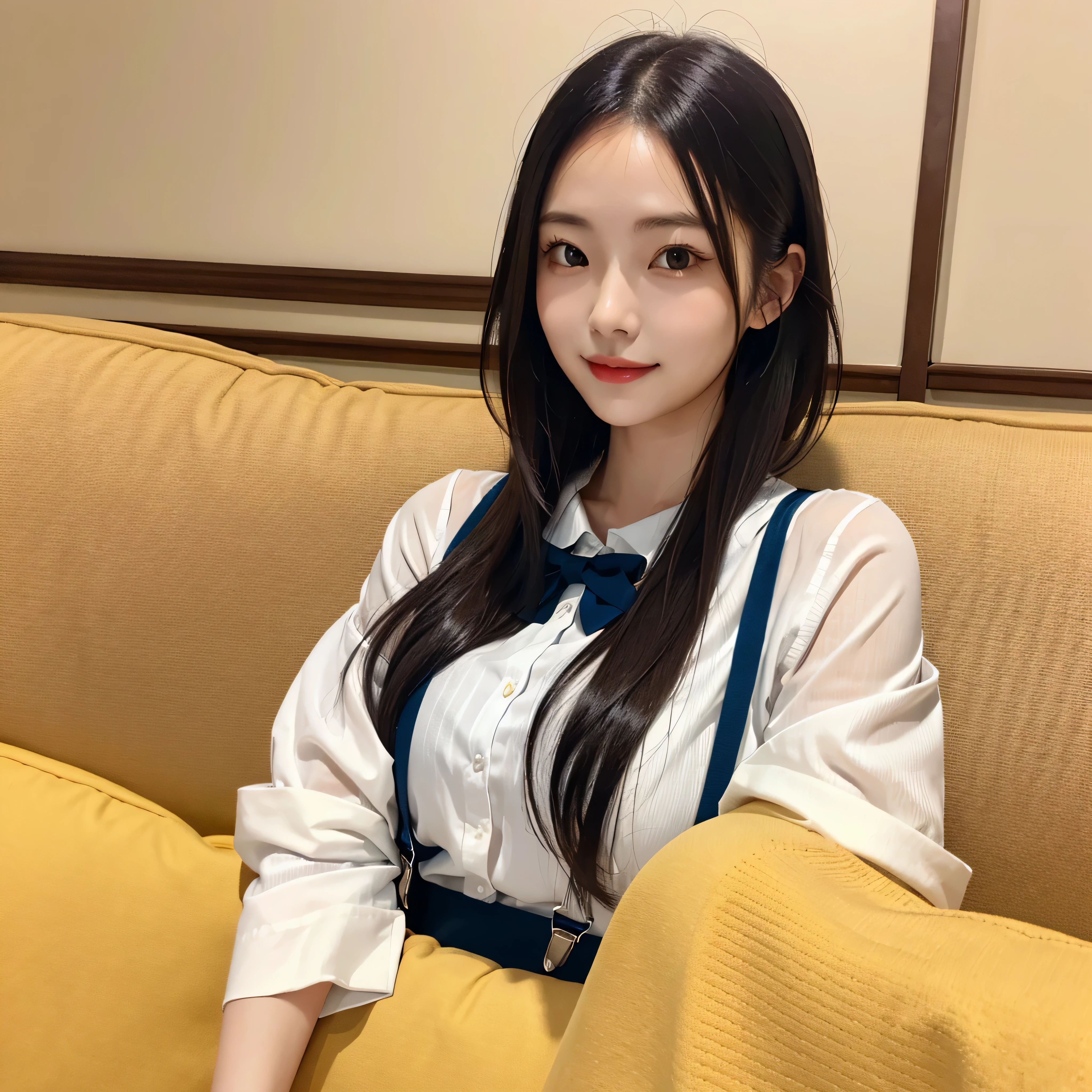 Mature woman lying on the sofa、big black wavy hair、wear suspenders、slender body、delicate facial features、realistic image quality、asian woman、Age about 20 years old、surreal