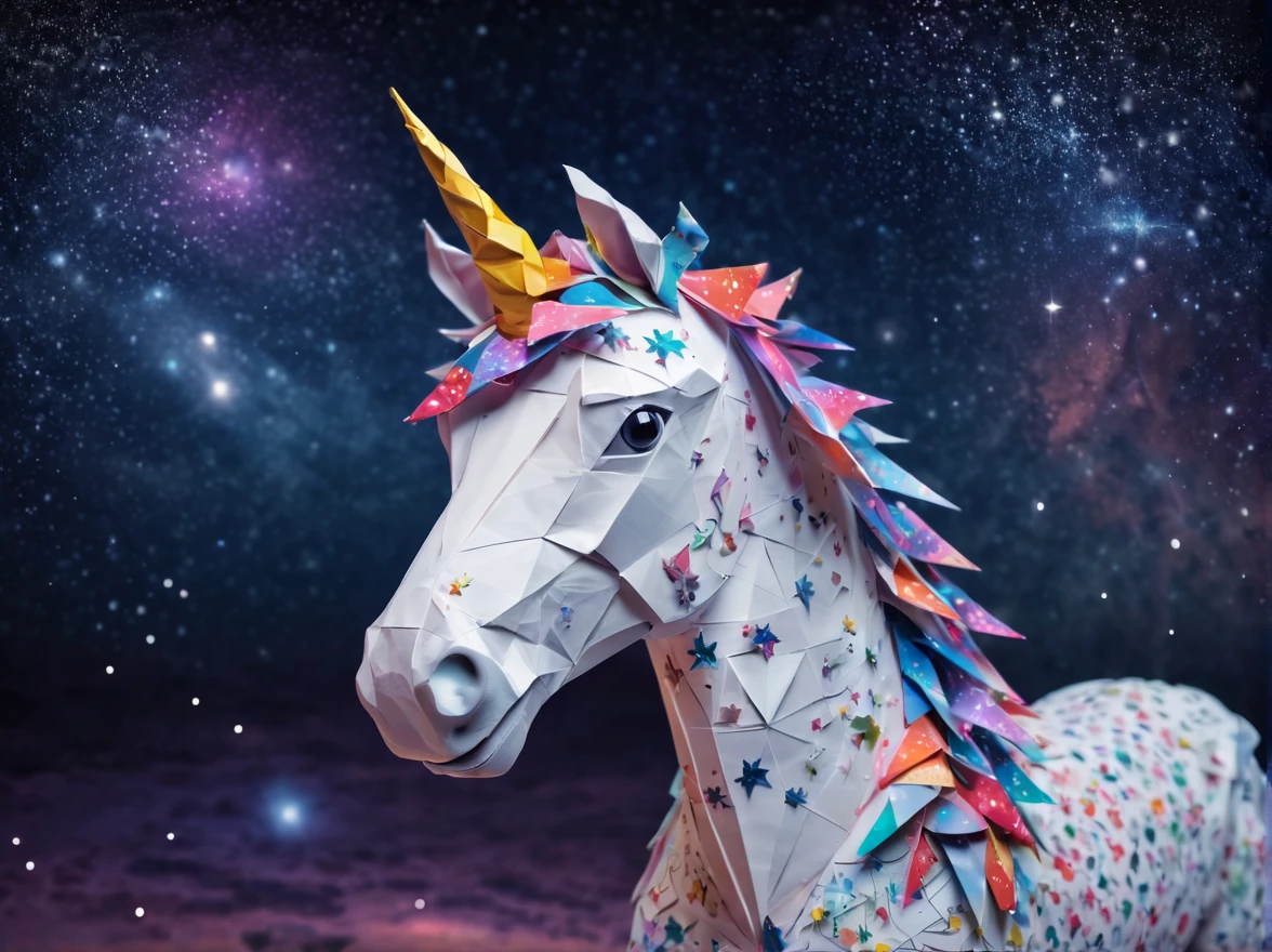 Full scene. mini ponytailed unicorn portraits, big smile to the camera, starry sky, zentangled, origami, 3d crunch, magical flashes and explosions crossing the horizon,