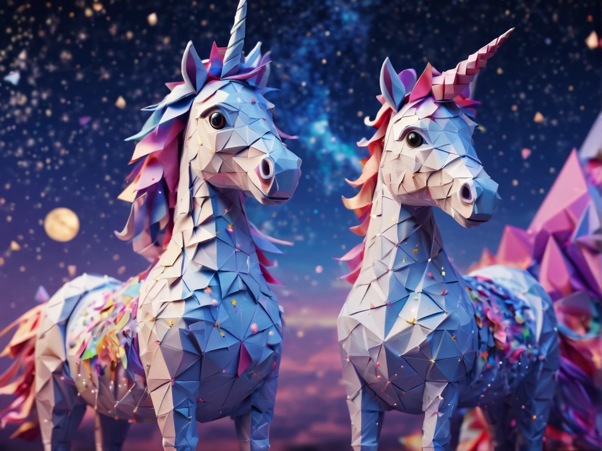 Full scene. mini ponytailed unicorn portraits, big smile to the camera, starry sky, zentangled, origami, 3d crunch, magical flashes and explosions crossing the horizon,