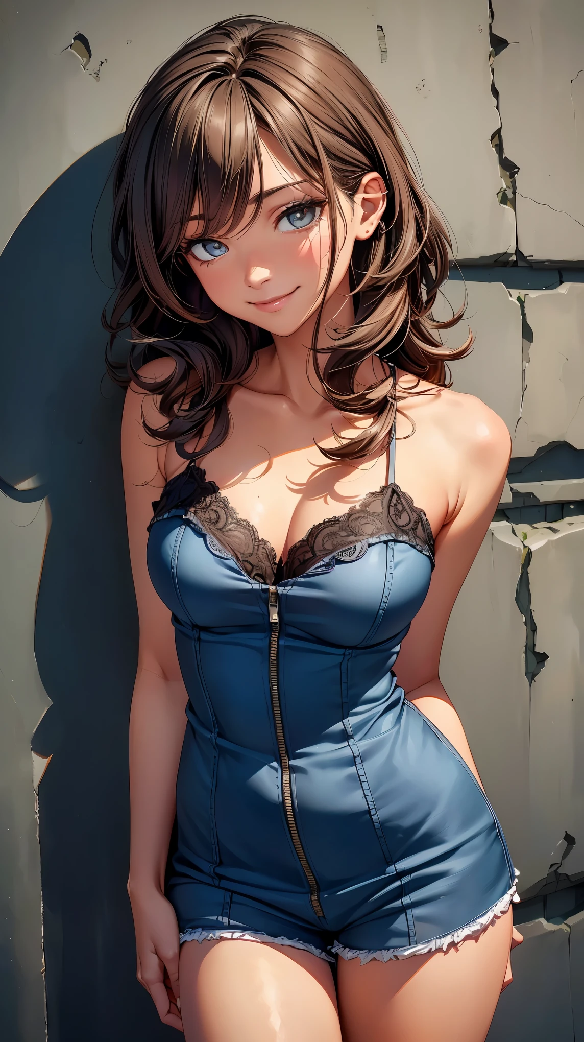 (8K, RAW photo, 最high quality, masterpiece: 1.2), High-definition RAW color photo, Professional photo shoot, cinematic light, alone, (((young woman, gal))), (Sharp features), (small face), (high detail skin: 1.2), clavicle, cute face, beautiful appearance, Clean eyelashes, (brown hair, brown eyes), (beautiful breasts), (slim body shape:1.4), very detailed顔と肌の質感, fine eyes, double eyelid, look sideways, Place your hands behind your body, ((shortcut, wavy hair)), ((open your mouth and smile:1.2)), big breasts, normal hip joint, cowboy shot, ((shorts:1.2, Camisole dress))), back alley, leaning against the wall, smooth texture, staring eyes, beautiful skin, shiny skin, perfect fingers, five fingers, anatomically correct, background bokeh, high quality, surreal, bright colors, ((very detailed, photo shoot)),