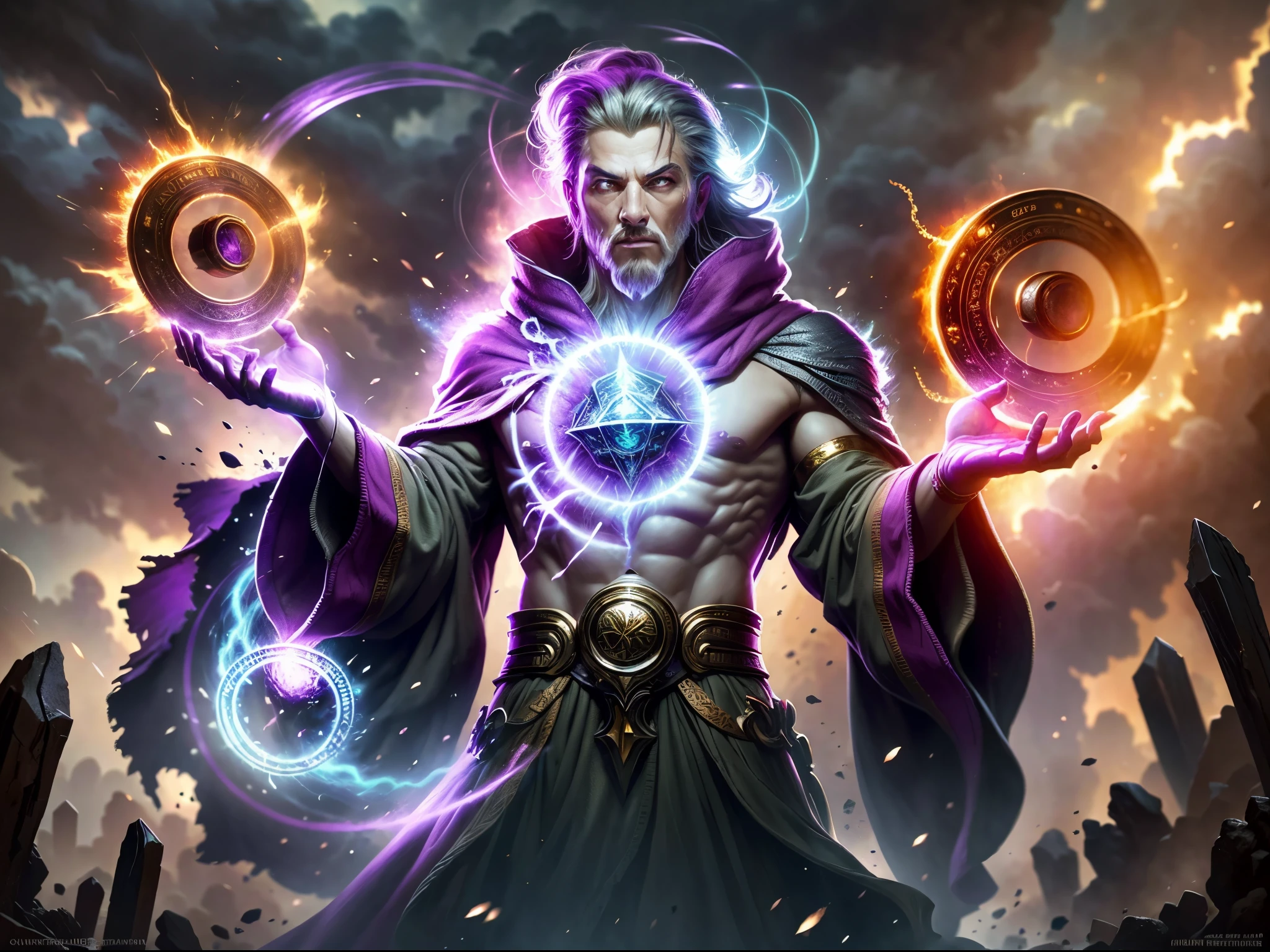 (masterpiece, high resolution, mystical:1.2), a powerful and aged mage stands at the precipice of casting a devastating area-of-effect spell. The mage is surrounded by intricate magic circles, pulsating with arcane energy, as he performs intricate hand gestures towards the symbols. With a long flowing robe and a staff adorned with ancient runes, he emanates an aura of wisdom and mastery over the mystical arts. The scene is set against a breathtaking sunset, casting a warm golden glow over the mage and his surroundings. The clouds in the sky reflect hues of purple and orange, creating a captivating backdrop for the mage's arcane display. As he channels his magical energy, wisps of energy radiate from his fingertips, crackling with power. The image captures the essence of a seasoned mage harnessing the forces of magic to unleash a potent spell, as the world around him is bathed in the twilight of the setting sun. With the use of depth of field (DOF), super-resolution, and high megapixel rendering, every element comes to life with cinematic lightning and anti-aliasing techniques like FKAA, TXAA, and RTX. The addition of SSAO (Screen Space Ambient Occlusion) and various post-processing effects in both post-production and tone mapping elevate the visual quality to a whole new level. With the use of depth of field (DOF), super-resolution, and high megapixel rendering, every element comes to life with cinematic lightning and anti-aliasing techniques like FKAA, TXAA, and RTX. The addition of SSAO (Screen Space Ambient Occlusion) and various post-processing effects in both post-production and tone mapping elevate the visual quality to a whole new level.