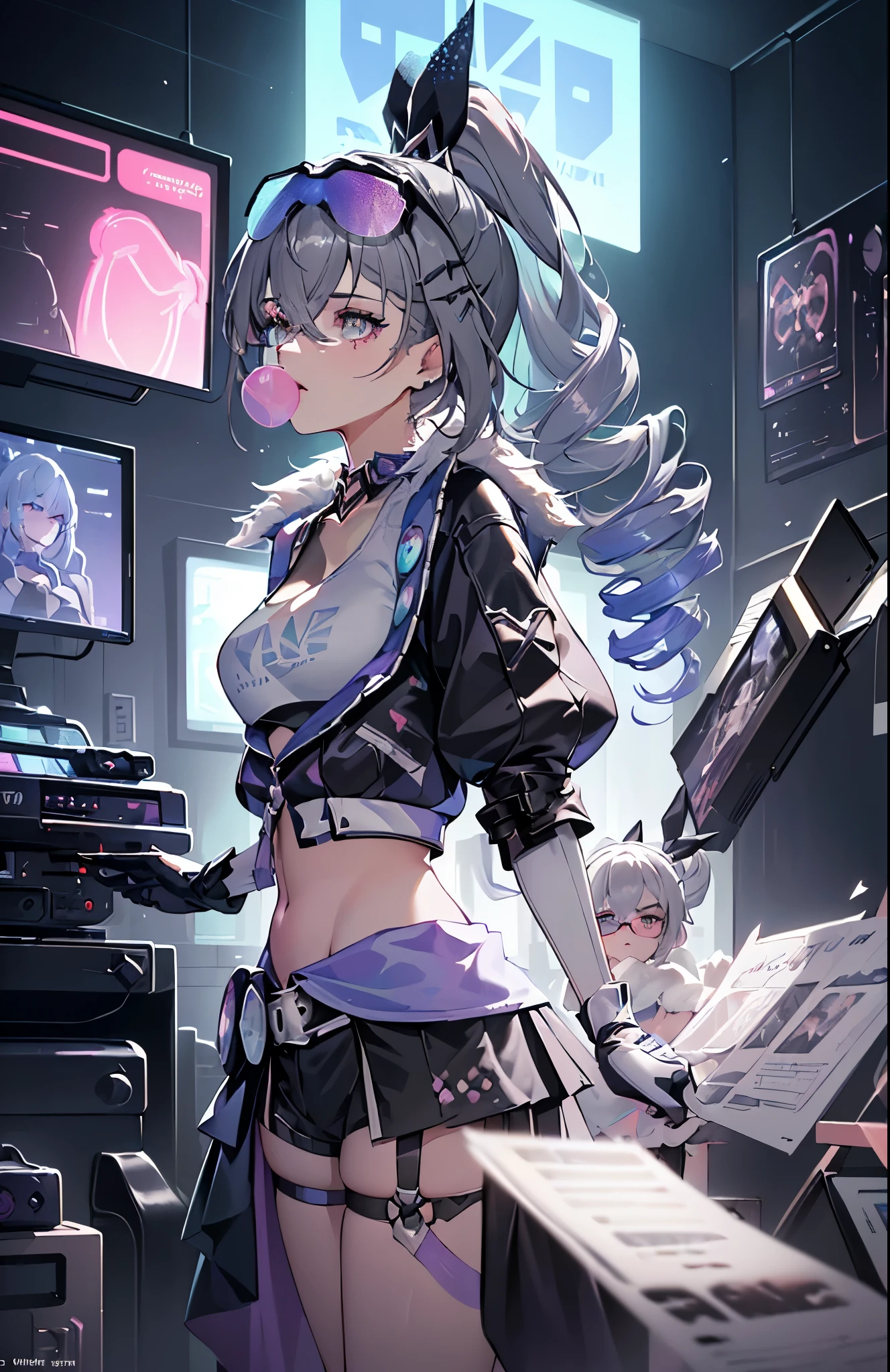 SilverWolf V4, (Masterpiece: 1.2), Best Quality, (Illustration: 1.2), (Hyperdetail), Eye Focus, (Elaborate Glow, Pink Lens Glow), (Movie Background), (((Color)), Ultra Detail, (Fine Detail), (Intricate Detail), Octane Rendering, HDR, (Ultra Detail: 1.15), (Soft Light: 1.2), 1 Girl, Beautiful Girl, Rabbit Ears, Ultra Detailed Eyes, Mature, Plump, Rainbow Drops, (Supermodel:1.3), Composed of Paint, Fully Painted, Sputtering, Splattering, Indoors, (Bioluminescent Hair: 1.1), (Glowing Eyes), ((Makeup)), (Cinematic Masterpiece), Ferocious, Powerful, Splashing Colors Absolutely Eye-catching, (Cinematic Headlights), ((Caustic)), Dynamic Angles, Beautiful Detail Glow, Ambient Occlusion, Ambient Light, Ray-Traced Reflections, (Best Lighting, Extremely Delicate and Beautiful), ((Cinematic Light)), (Soft: 2),. colored glasses, game pixels, retro style, life arcade characters, arcade style world, gloves, jacket, full body, weapon, shorts, black gloves, black jacket, gun, drill hair, black shorts, glasses on the head, blowing bubbles, chewing gum, cleavage