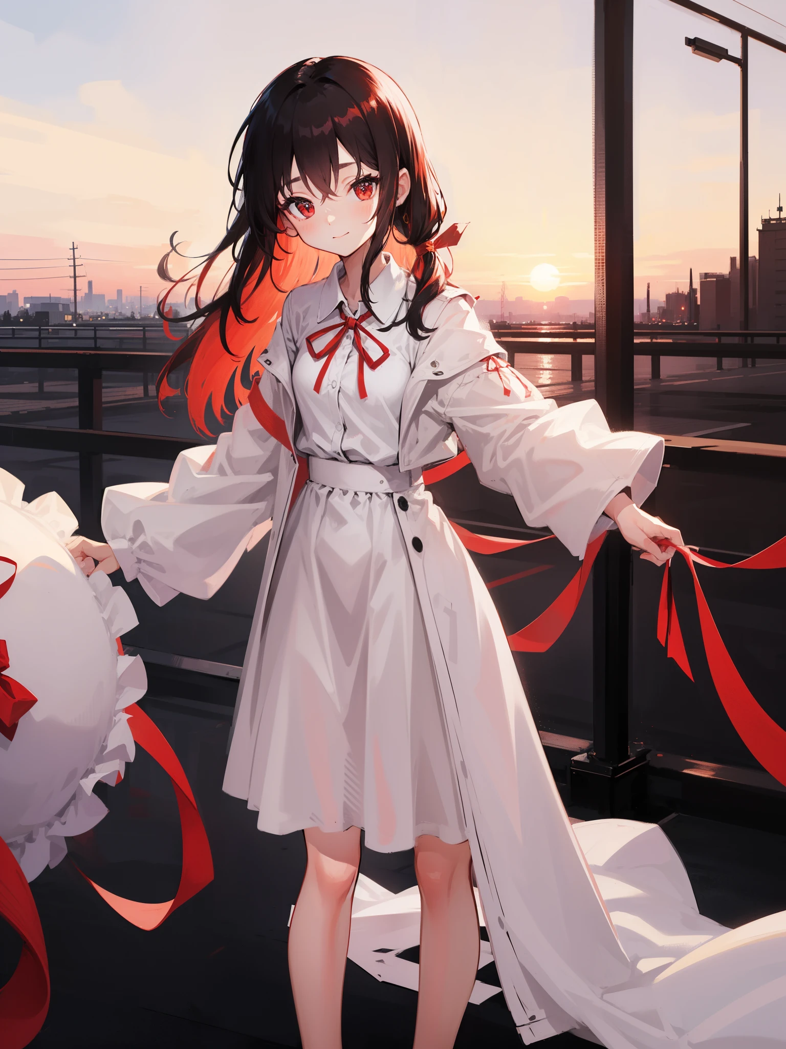 rating:safe, ribbon, 1girl, solo, long_hair, dress, hair_between_eyes, red_ribbon, black_hair, outdoors, smile, neck_ribbon, closed_mouth, red_eyes, very_long_hair, long_sleeves, eyebrows_visible_through_hair, railing, bangs, hair_ribbon, red_neckwear, white_dress, jacket