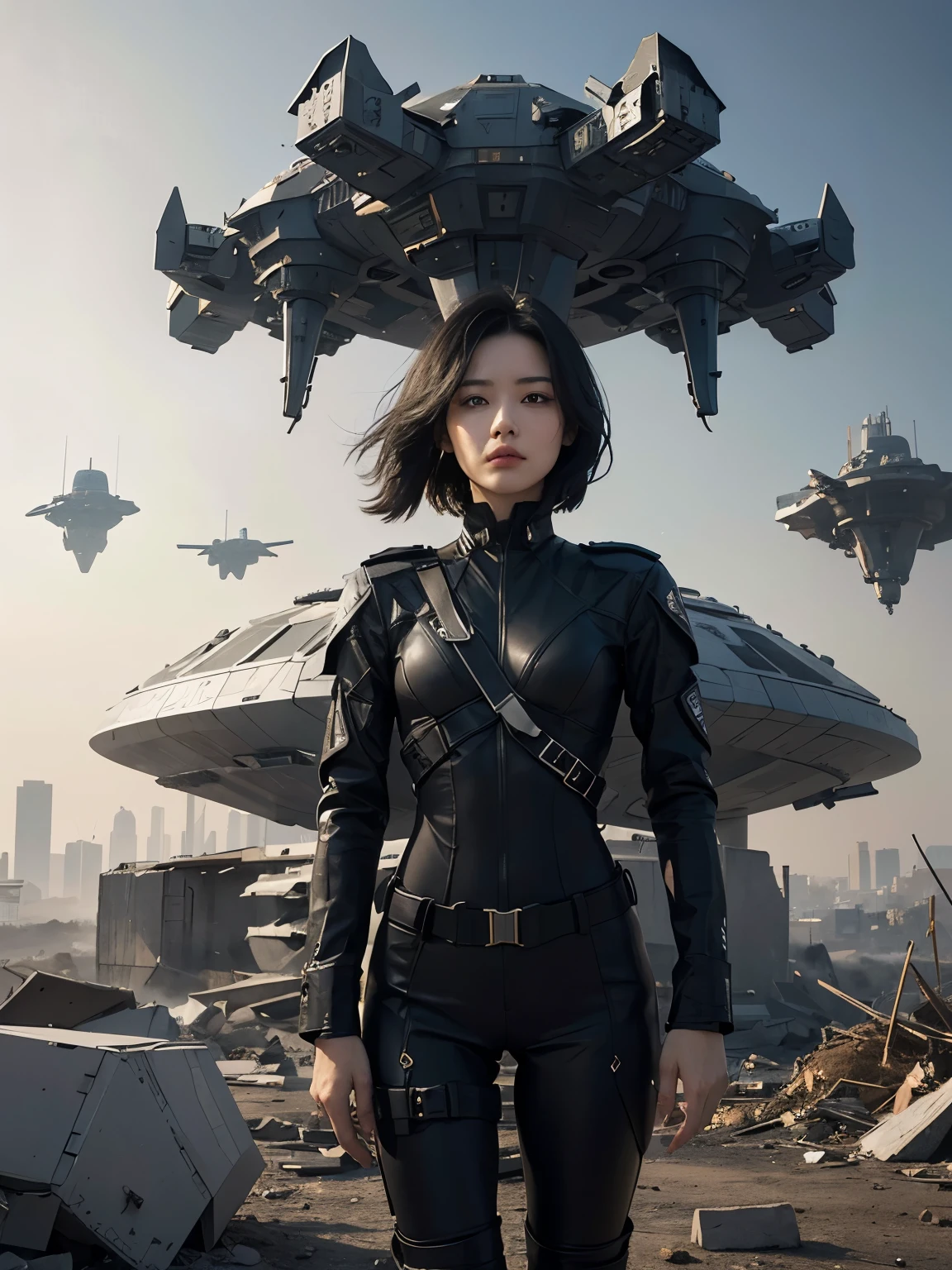 A beautiful woman. she has black hair that reaches down to his back. She is wearing black combat uniform. A woman stands in front of a small, hexagonal spaceship. The spaceship has landed in a city that has been reduced to a pile of rubble. The spaceship is black. 8K image quality. Different Burbank.