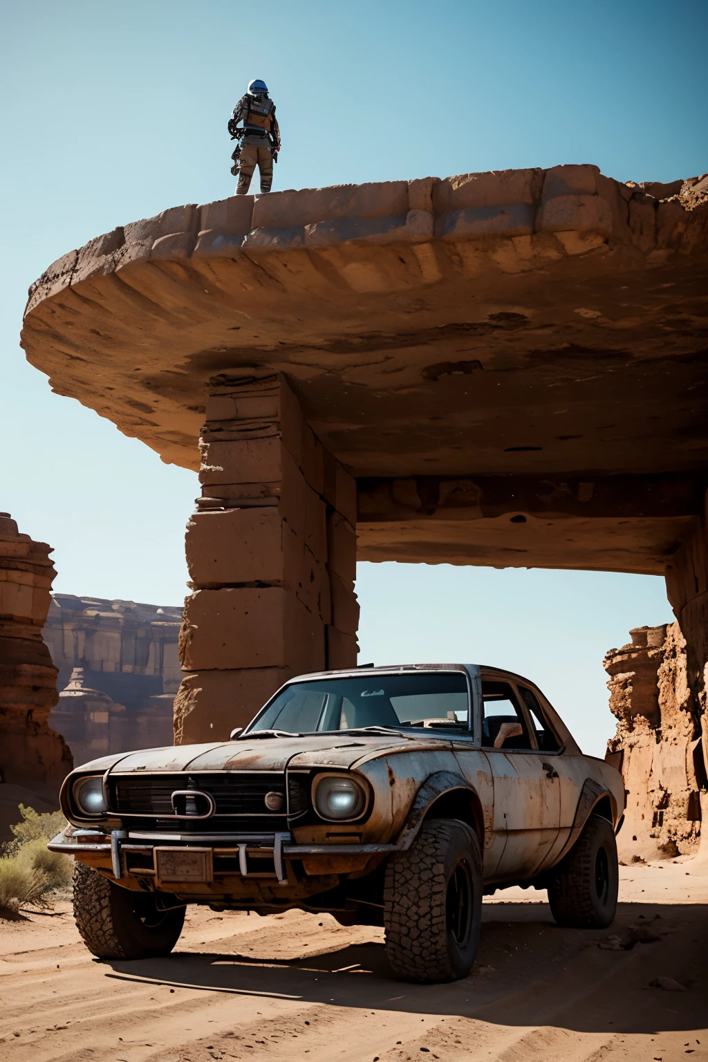 imagem de uma pequena garota linda e nervosa em tamanho , face perfeita, Estilo Madmax, in surfing position on the hood of a futuristic rusty off-road vehicle, Pintura enferrujada e suja, Estilo Madmax, Apocalipse, carroceria enferrujada, long front hood, Vidros transparentes, rodas grandes e brilhantes, ultra realista, 8k, in a ruined city in the desert with canyons, as detailed as possible, as realistic as possible, imagem proporcional
