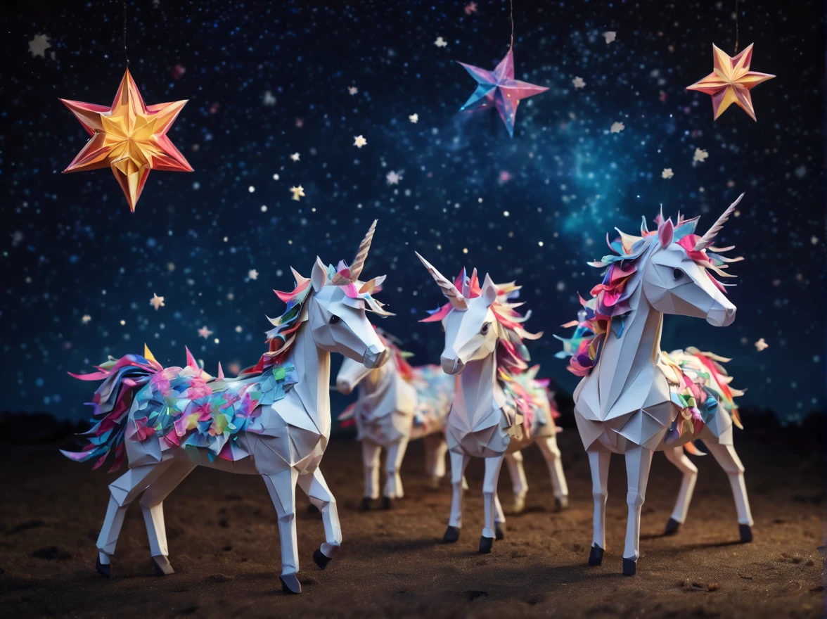 Full scene. mini ponytailed unicorn portraits, big smile to the camera, starry sky, zentangled, origami, 3d crunch, magical flashes and explosions crossing the horizon,