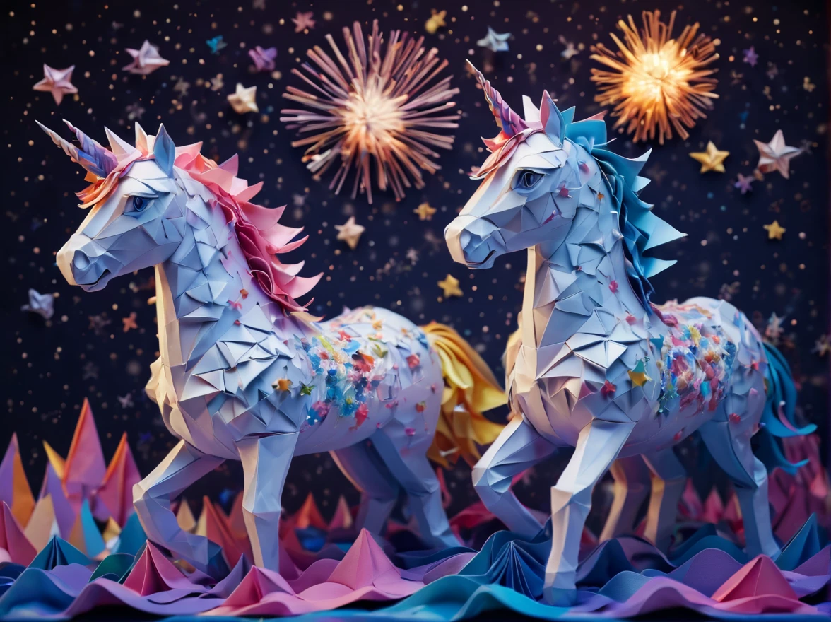 Full scene. mini ponytailed unicorn portraits, big smile to the camera, starry sky, zentangled, origami, 3d crunch, magical flashes and explosions crossing the horizon,
