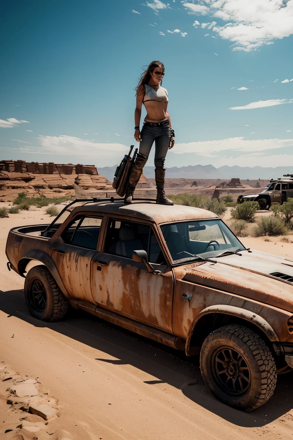 imagem de uma pequena garota linda e nervosa em tamanho , face perfeita, Estilo Madmax, in surfing position on the hood of a futuristic rusty off-road vehicle, Pintura enferrujada e suja, Estilo Madmax, Apocalipse, carroceria enferrujada, long front hood, Vidros transparentes, rodas grandes e brilhantes, ultra realista, 8k, in a ruined city in the desert with canyons, as detailed as possible, as realistic as possible, imagem proporcional