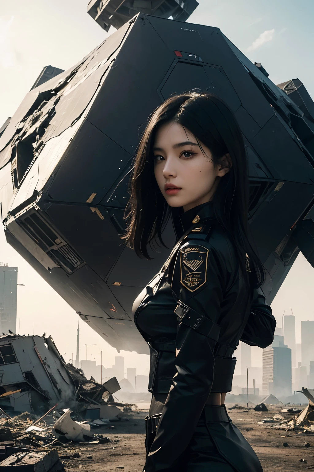 A beautiful woman. she has black hair that reaches down to his back. She is wearing black combat uniform. A woman stands in front of a small, hexagonal spaceship. The spaceship has landed in a city that has been reduced to a pile of rubble. The spaceship is black. 8K image quality. Different Burbank.