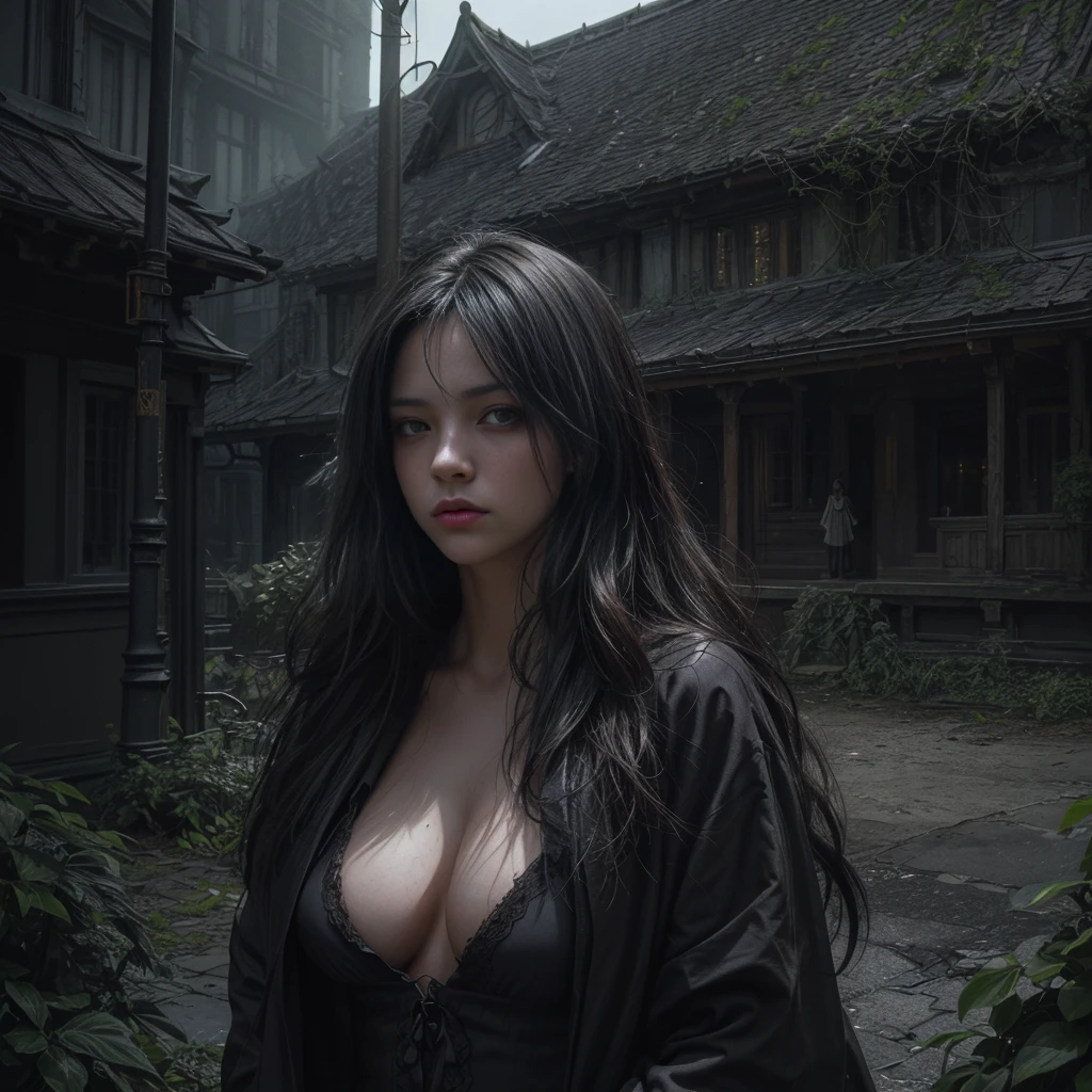 (best quality,4k,8k,highres,masterpiece:1.2),ultra-detailed,(realistic,photorealistic,photo-realistic:1.37),dark fantasy,street scene,unfamiliar environment,detailed buildings,ominous atmosphere,mysterious creatures,horrifying presence,unsettling,shadowy figures,intense darkness,young girl,long hair,innocent face,vulnerable position,hopeless situation,distressed expression,starry sky,dimly lit street lamps,dark colors,overgrown plants,quirky architecture,strange symbols,haunting shadows,abandoned feel,loneliness,magic in the air,creepy atmosphere,enchanted surroundings,gothic elements,otherworldly aura,dramatic composition,contrasting light and shadow,foreboding,uncertainty, bright weather, sunny day, brigth ambiences, light everywhere, nsfw, exposed woman, naked woman, nude