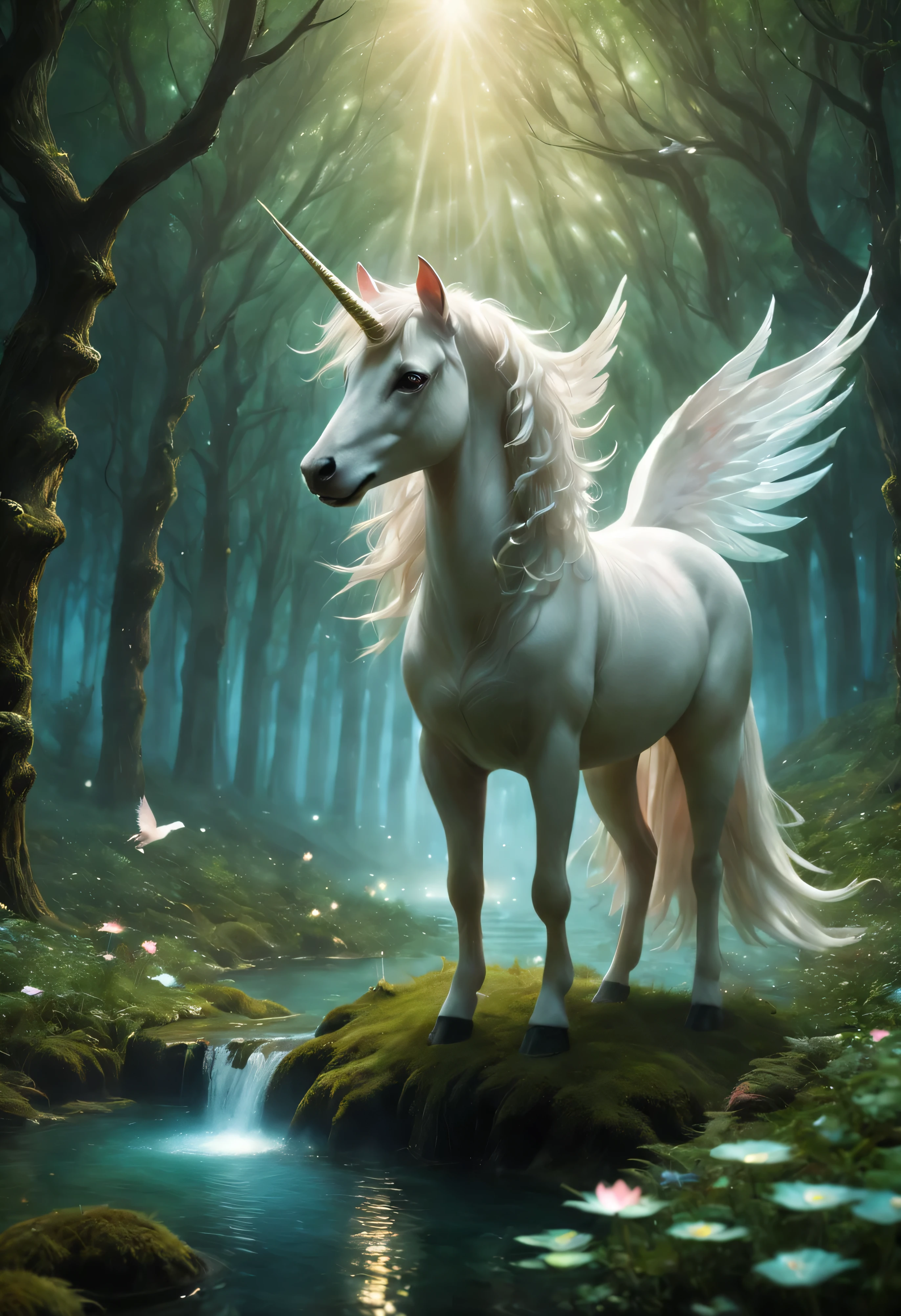 畫面中一匹駿美unicorn守候在山腳下、Deep in the forest or by the lake.Beautiful little animals sleeping soundly in the forest(dog cat rabbit sheep bird...)next to friends,Densely wooded、Verdant meadows、rolling mountains or sparkling lakes。 Very magical and dreamy, Beautiful images ever created, very beautiful photos, extremely beautiful and ethereal, white unicorn, beautiful fantasy, Fantasy Beauty, beautiful fairy, very beautiful fantasy art, beautiful depiction, unicorns, magical and mysterious, mysterious creature, Ethereal fairy tale, unicorn, beautiful fantasy art, ethereal fantasy