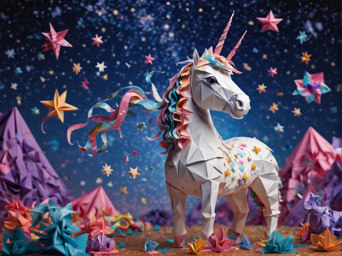 Full scene. mini ponytailed unicorn portraits, big smile to the camera, starry sky, zentangled, origami, 3d crunch, magical flashes and explosions crossing the horizon,