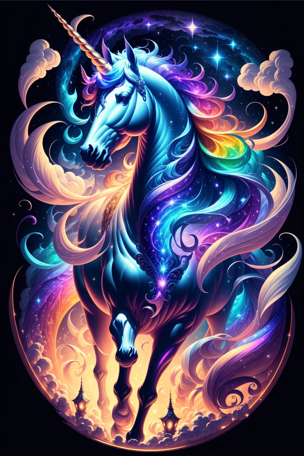 Colorful unicorns running in the night sky，isolated on black background，majestic and dreamy，stunning render，in shining connections，Magical elements，The is amazing，Beautiful dreamy rainbow、Multicast colorful spells、Bright flash