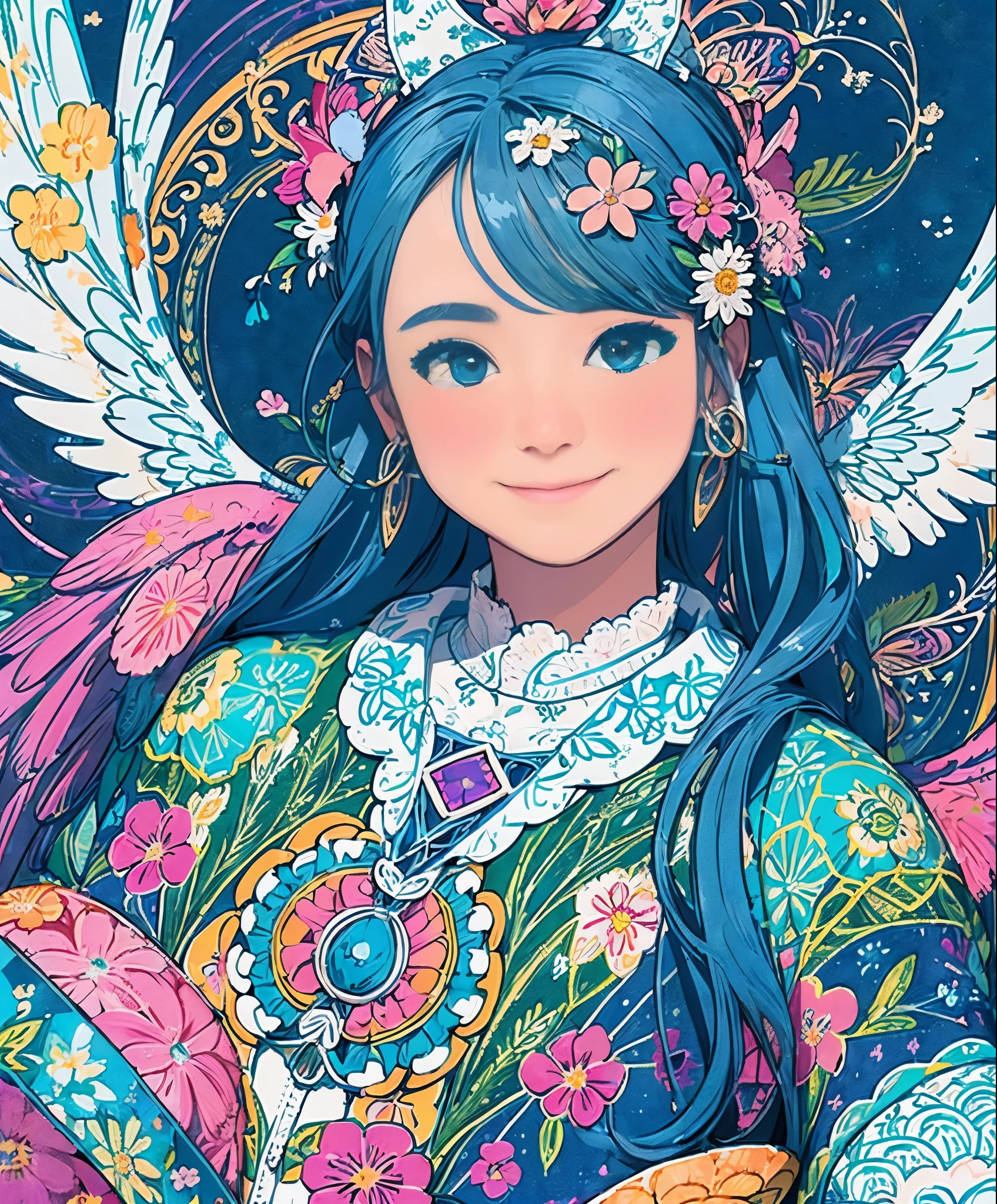 (masterpiece、highest quality、highest quality、official art、beautiful beautiful:1.2)、(1 girl:1.3)light blue long hair、twin tails、adorable smile、very detailed、(fractal art:1.1)、(Colorful:1.1)(Floral:1.3)、most detailed、(zentangle:1.2)、(dynamic pose)、(abstract background:1.3)、(shiny skin)、(lots of colors:1.4)、、(Ear Nipple Ring)、(wing:1.5)、white background、See-Through Phoenix Leotard