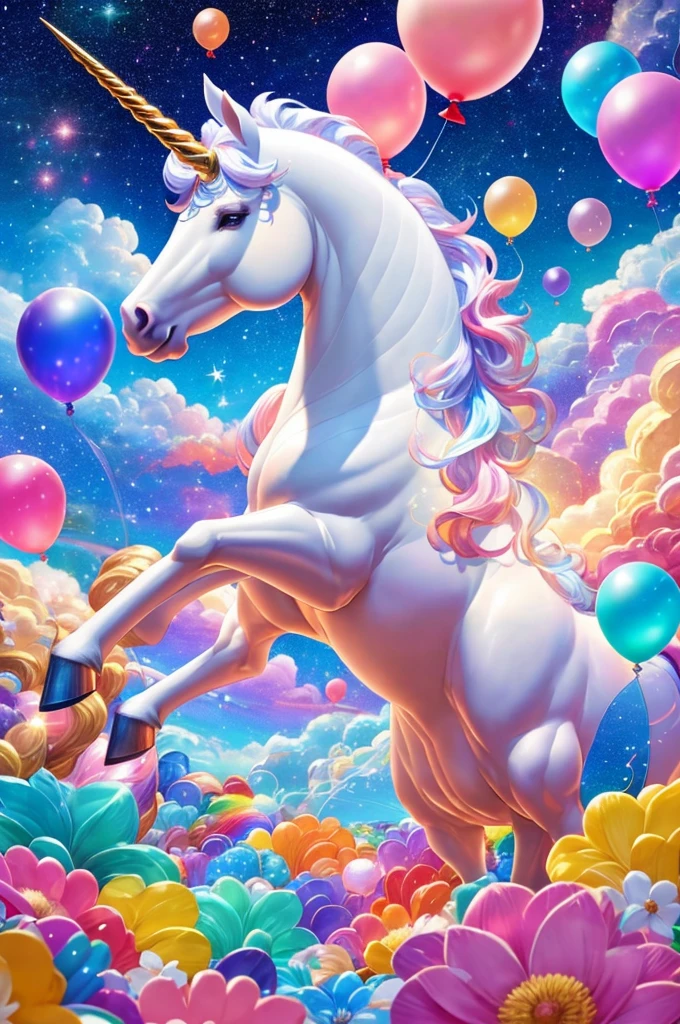 unicorn、bright、Tender powder、Dream、大perspective构图、Flashy、wonderland、Dream幻的世界、rainbow、Shining starry sky、balloon、bubble、pink flower、bright colors、Light and shadow effects、perspective。