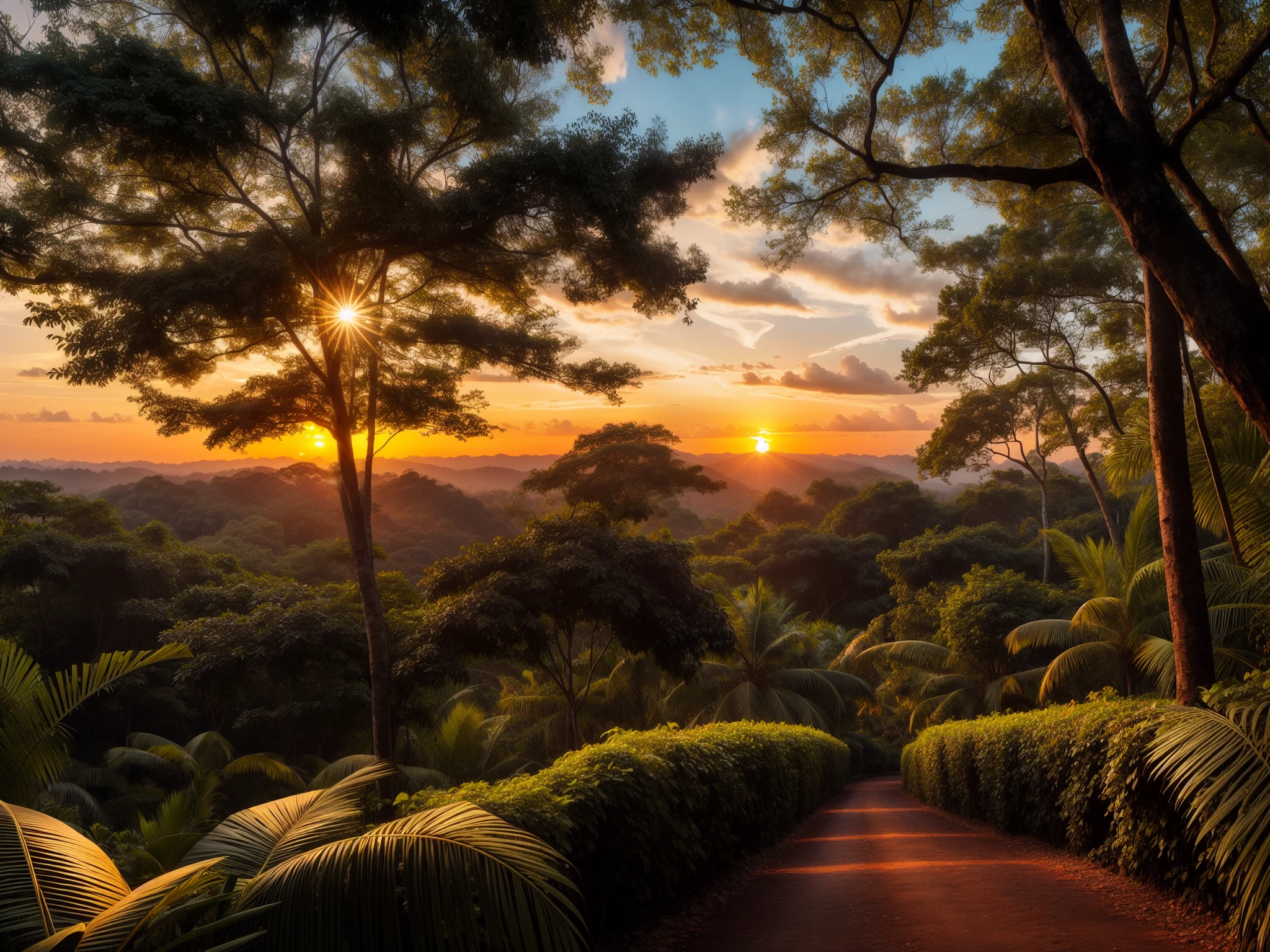 tropical forest, sunset, peaceful atmosphere, vibrant, colorful