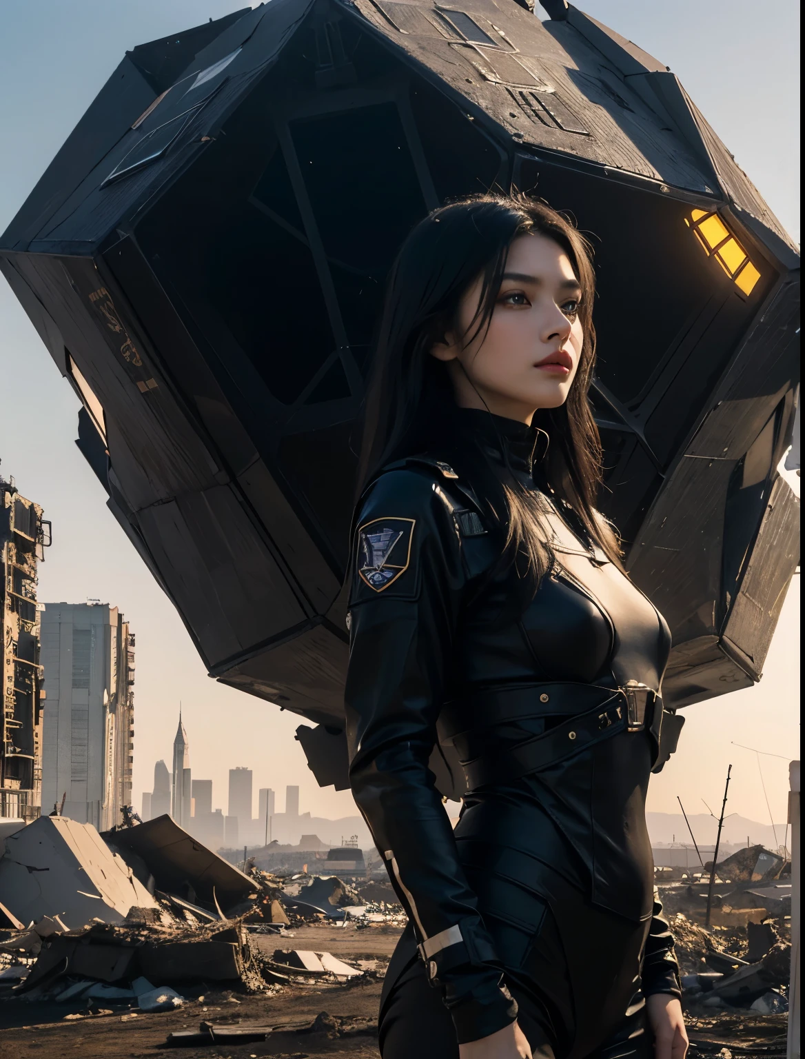 A beautiful woman. she has black hair that reaches down to his back. She is wearing black combat uniform. A woman stands in front of a small, hexagonal spaceship. The spaceship has landed in a city that has been reduced to a pile of rubble. The spaceship is black. 8K image quality. Different Burbank.