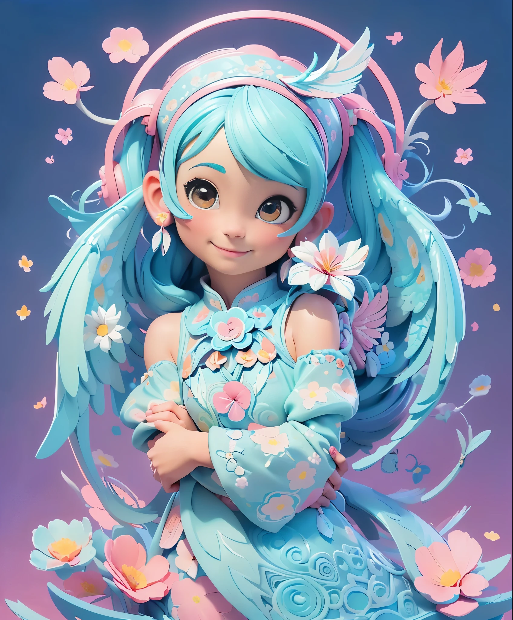 (masterpiece、highest quality、highest quality、official art、beautiful beautiful:1.2)、(1 girl:1.3)light blue long hair、twin tails、adorable smile、very detailed、(fractal art:1.1)、(Colorful:1.1)(Floral:1.3)、most detailed、(zentangle:1.2)、(dynamic pose)、(abstract background:1.3)、(shiny skin)、(lots of colors:1.4)、、(Ear Nipple Ring)、(wing:1.5)、white background、See-Through Phoenix Leotard