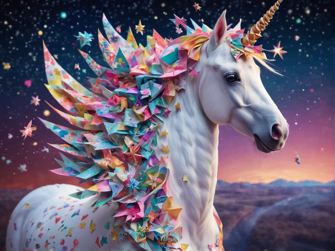 Full scene. mini ponytailed unicorn portraits, unicorn big smile to the camera, starry sky, zentangled, origami, 3d crunch, magical flashes and explosions crossing the horizon,