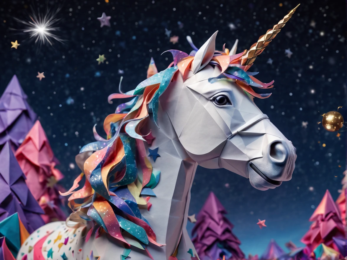 Full scene. mini ponytailed unicorn portraits, big smile to the camera, starry sky, zentangled, origami, 3d crunch, magical flashes and explosions crossing the horizon,