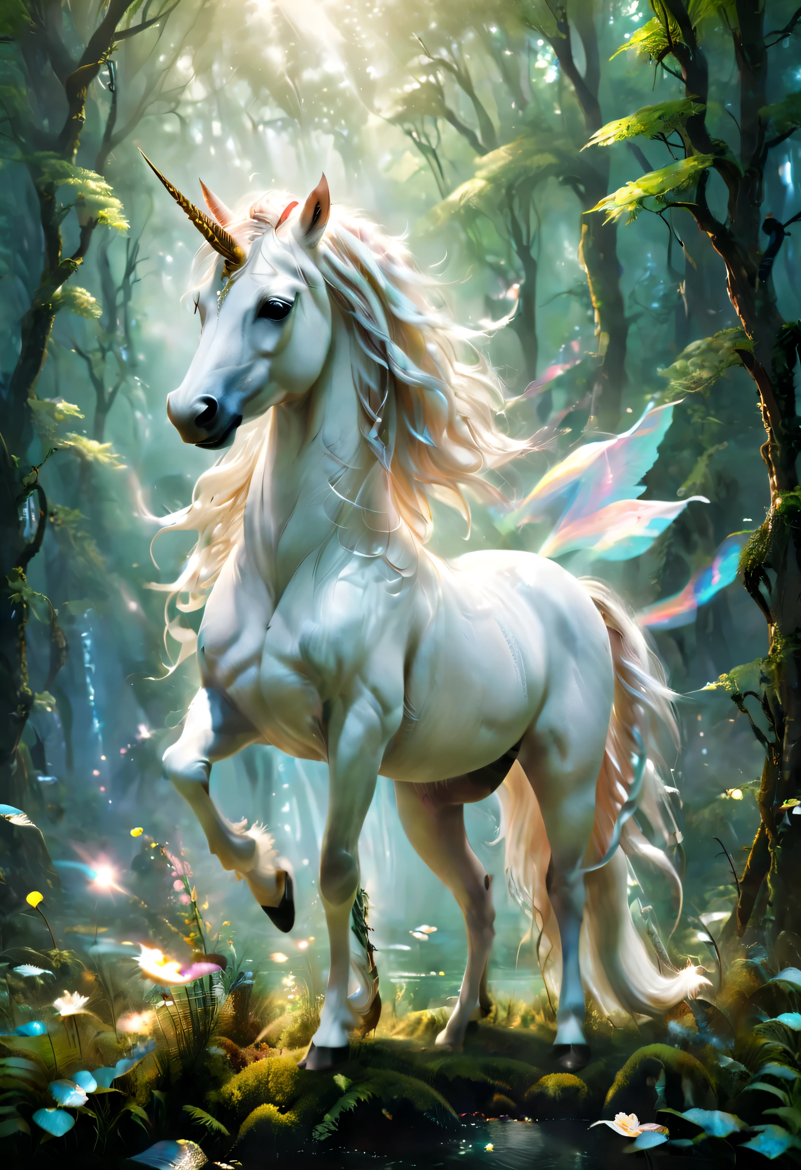 畫面中一匹駿美unicorn守候在山腳下、Deep in the forest or by the lake.Next to me are my beautiful friends sleeping soundly in the forest,Densely wooded、Verdant meadows、rolling mountains or sparkling lakes。 Very magical and dreamy, Beautiful images ever created, very beautiful photos, extremely beautiful and ethereal, white unicorn, beautiful fantasy, Fantasy Beauty, beautiful fairy, very beautiful fantasy art, beautiful depiction, unicorns, magical and mysterious, mysterious creature, Ethereal fairy tale, unicorn, beautiful fantasy art, ethereal fantasy