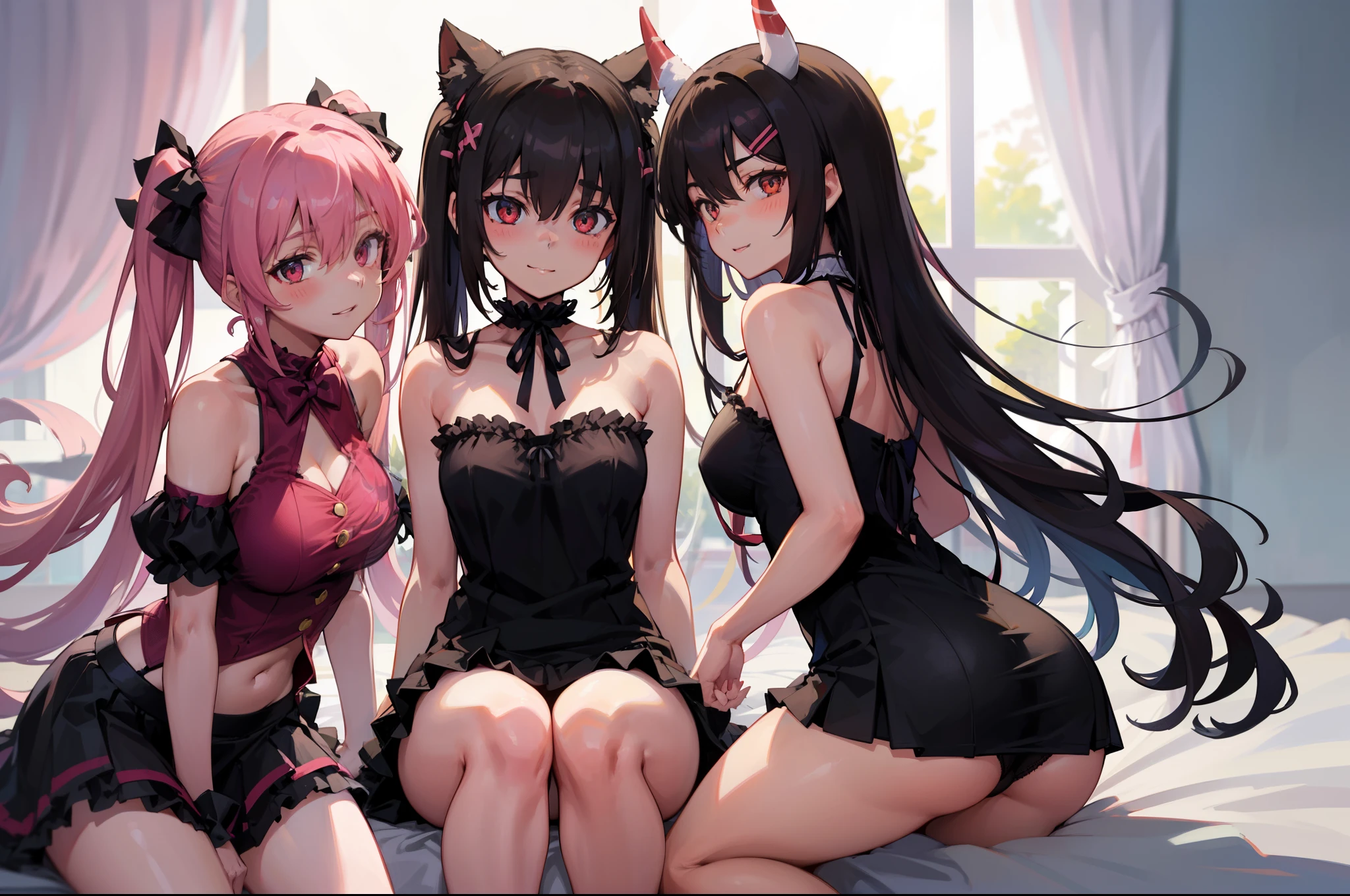 ((3girls)), rating:safe, multiple_girls, pink_hair, twintails, brown_hair, blush, sleeveless, long_hair, looking_at_viewer, horns, ribbon, sitting, skirt, red_eyes, hair_ornament, short_hair, smile, hair_ribbon, eyebrows_visible_through_hair, black_ribbon, dress, shirt, bare_shoulders, bangs, frills, panties, white_background, brown_eyes, parted_lips, ass, black_panties, navel, closed_mouth, hair_between_eyes