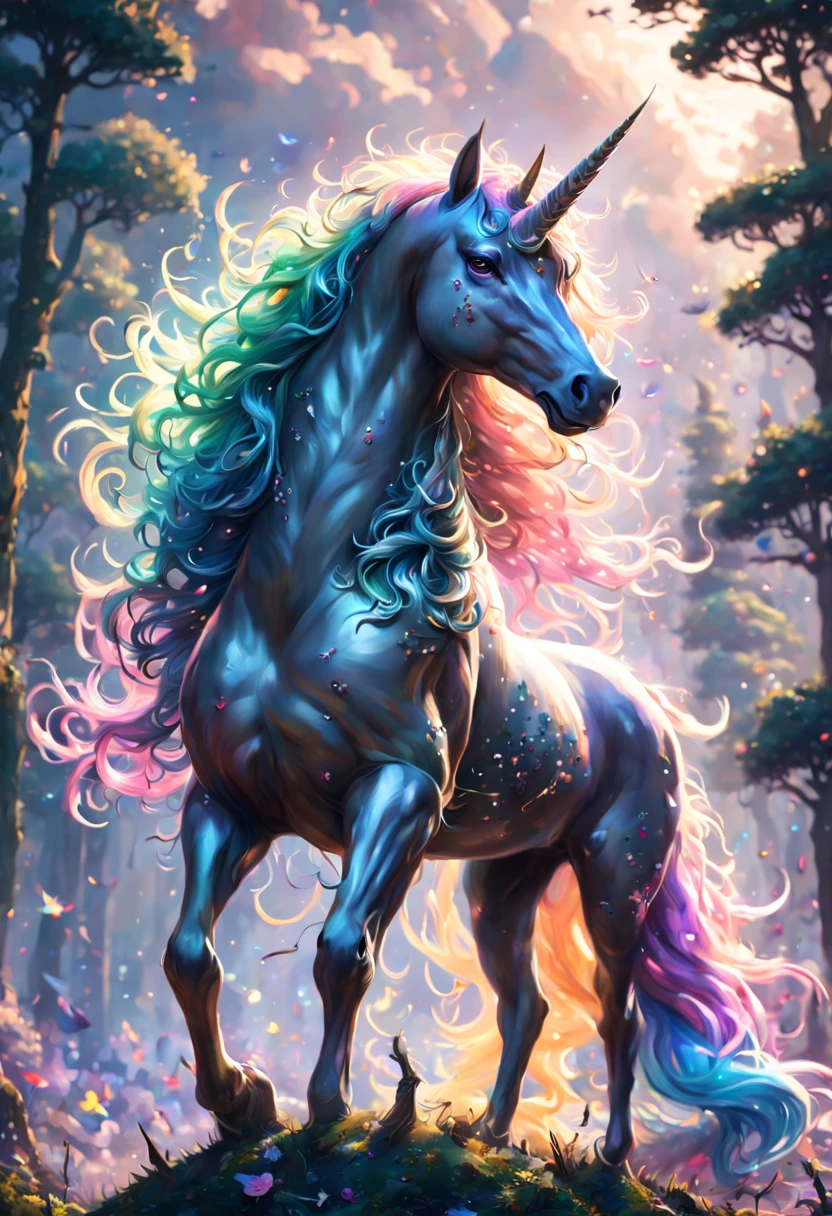 (Fantasy Unicorn:1.5), bronze filigree, intricate hyperdetailed painting by Jonas De Ro, Gustave Klimt clouds, Ismail Inceoglu, Huang Guangjian, CGSociety, ZBrush Central, fantasy art, album cover art, 8k resolution, intricately beautiful, forest, glitter, fireflies, magical atmosphere, intense glow, cool color scheme, high definition, detailed matte painting, deep color, fantastical, intricate detail, splash screen, complementary colors, fantasy concept art, 8k resolution trending on Artstation Unreal Engine 5