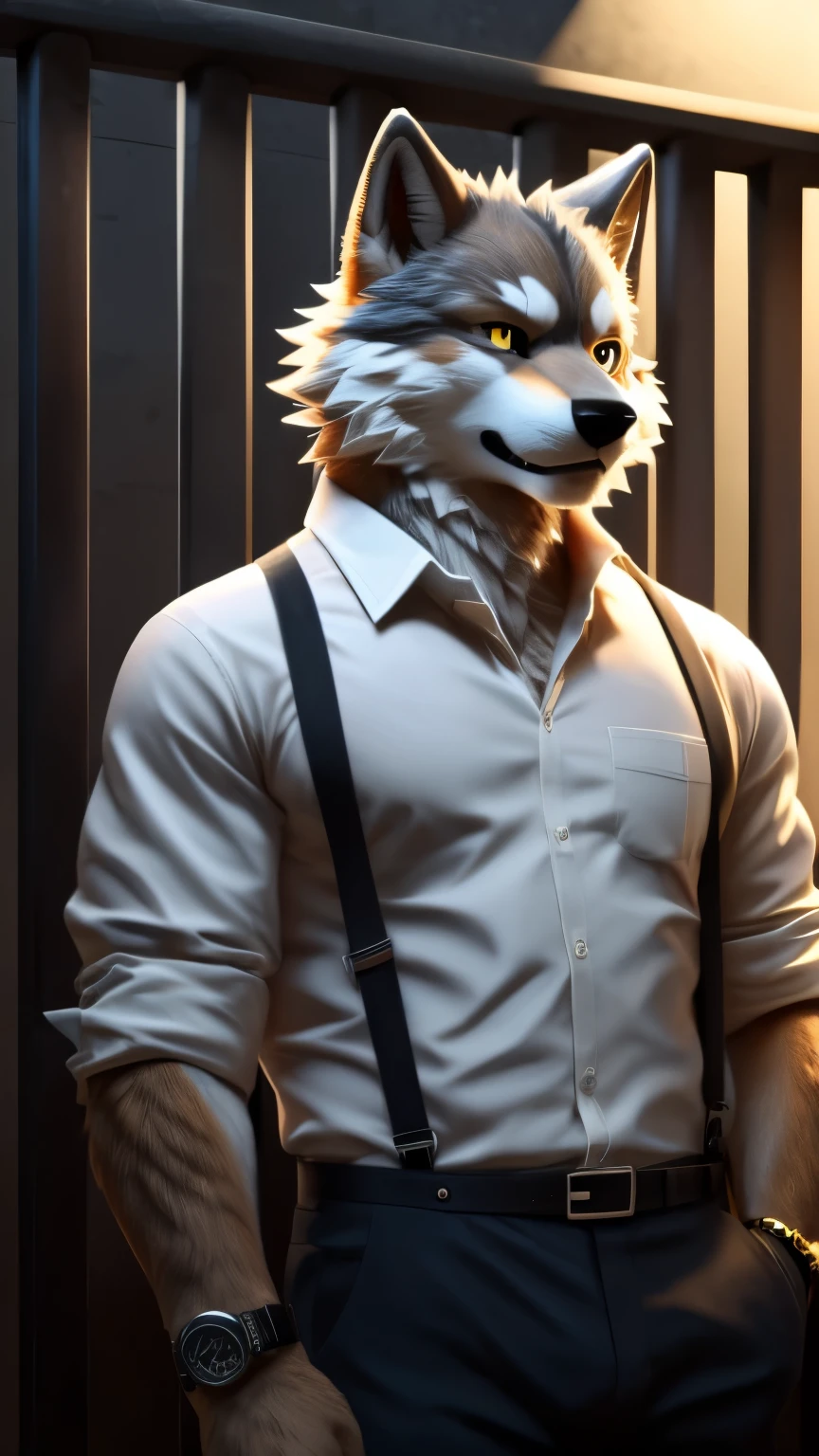 (best quality, furry, anthro, kemono, niji, hi_res, 4k:1.4), cute, william adler, solo, shirt, 1boy, white shirt, upper body, male focus, collared shirt, pants, looking to the side, suspenders, pectorals, sleeves rolled up, watch, wristwatch, wolf ears, beard, yellow eyes, detailed eyes, gun, holding gun, prision, behind bars