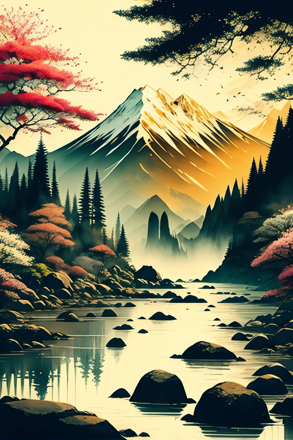 Fondo blanco, escenario, tinta, mountains, agua, trees