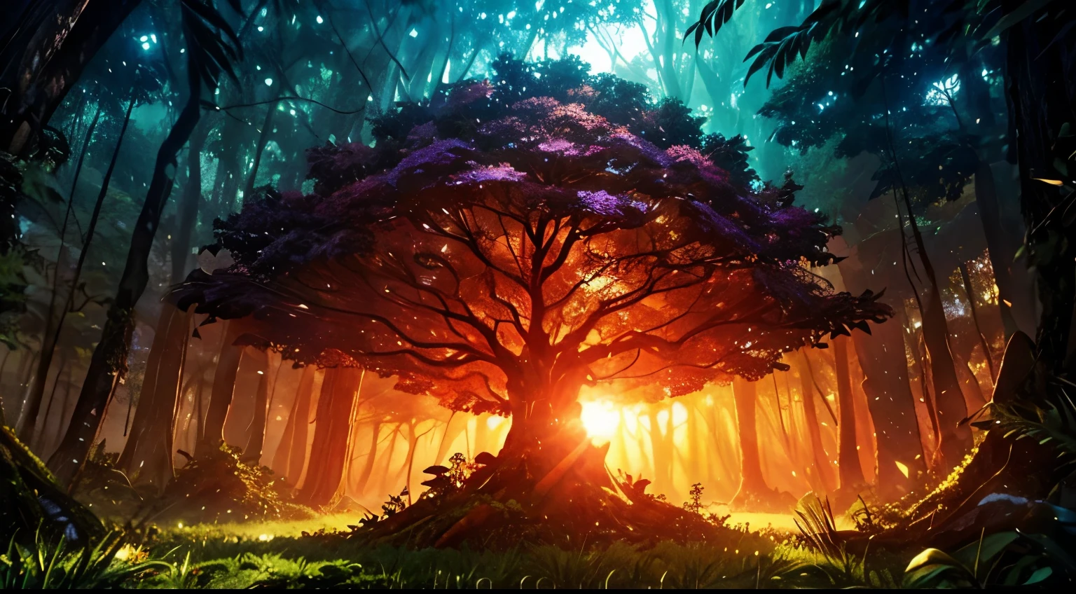giant tree, floresta densa, cores ouro e prata, fantasy setting