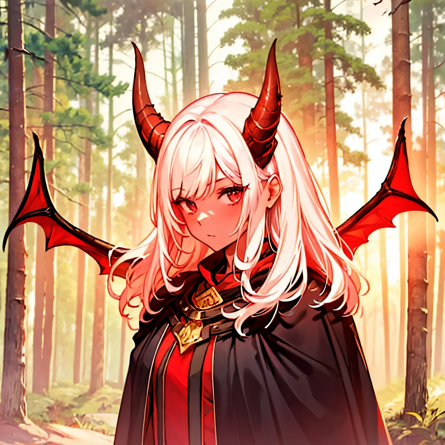 8K, 4K, Best Quality, High resolution: 1.2), (Masteristic, Realistic, Photoreal: 1.4), One Woman,  smal size, dragongirl, Beautiful face, red wings, black cloak, in the forest, Shining Lipin Eyes, Beholder, Fair skin, Wred skin: 1.5), white hair,、Horns grow from the head, red skin, red horns, red dragon tail, red wings