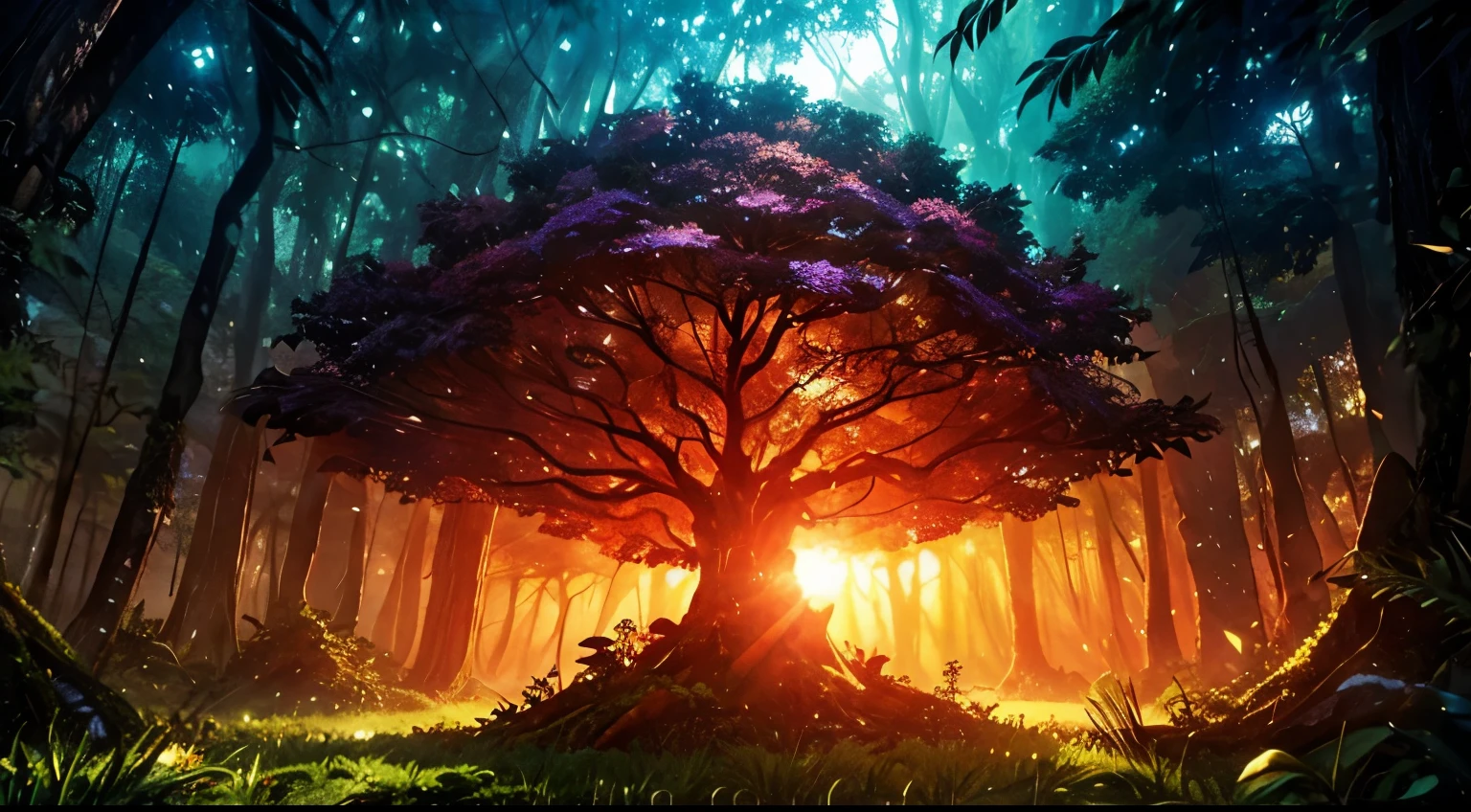 giant tree, floresta densa, cores ouro e prata, fantasy setting