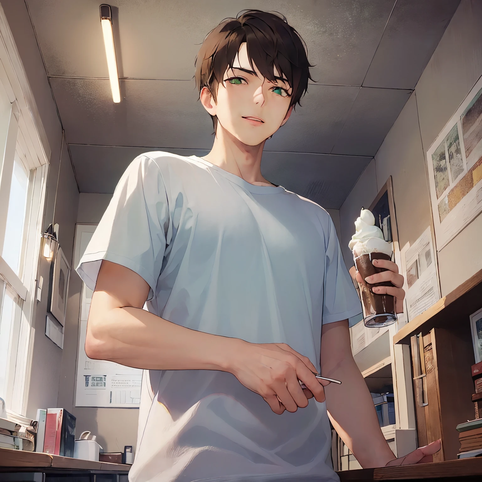 holding a Ice cream, masterpiece、high quality、(25 year old man with short dark brown hair and green eyes:1.5), wearing a white T-shirt、(Alone:1.5)、smile, (Only the upper body is shown.:1.3)、Stay in the living room、Are standing、