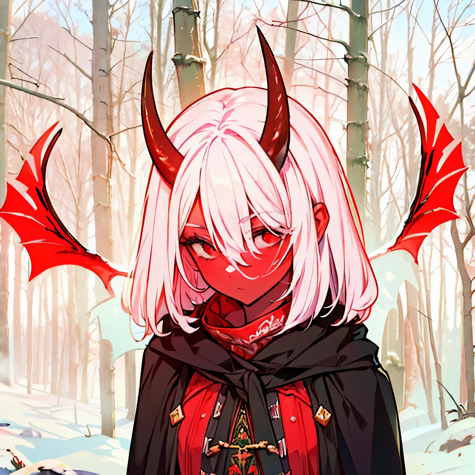 8K, 4K, Best Quality, High resolution: 1.2), (Masteristic, Realistic, Photoreal: 1.4), One Woman, smal size, dragongirl, Beautiful face, red wings, black cloak, in the forest, Shining Lipin Eyes, Beholder, Fair skin, Wred skin: 1.5), white hair,、Horns grow from the head, red skin, red horns, red dragon tail, red wings