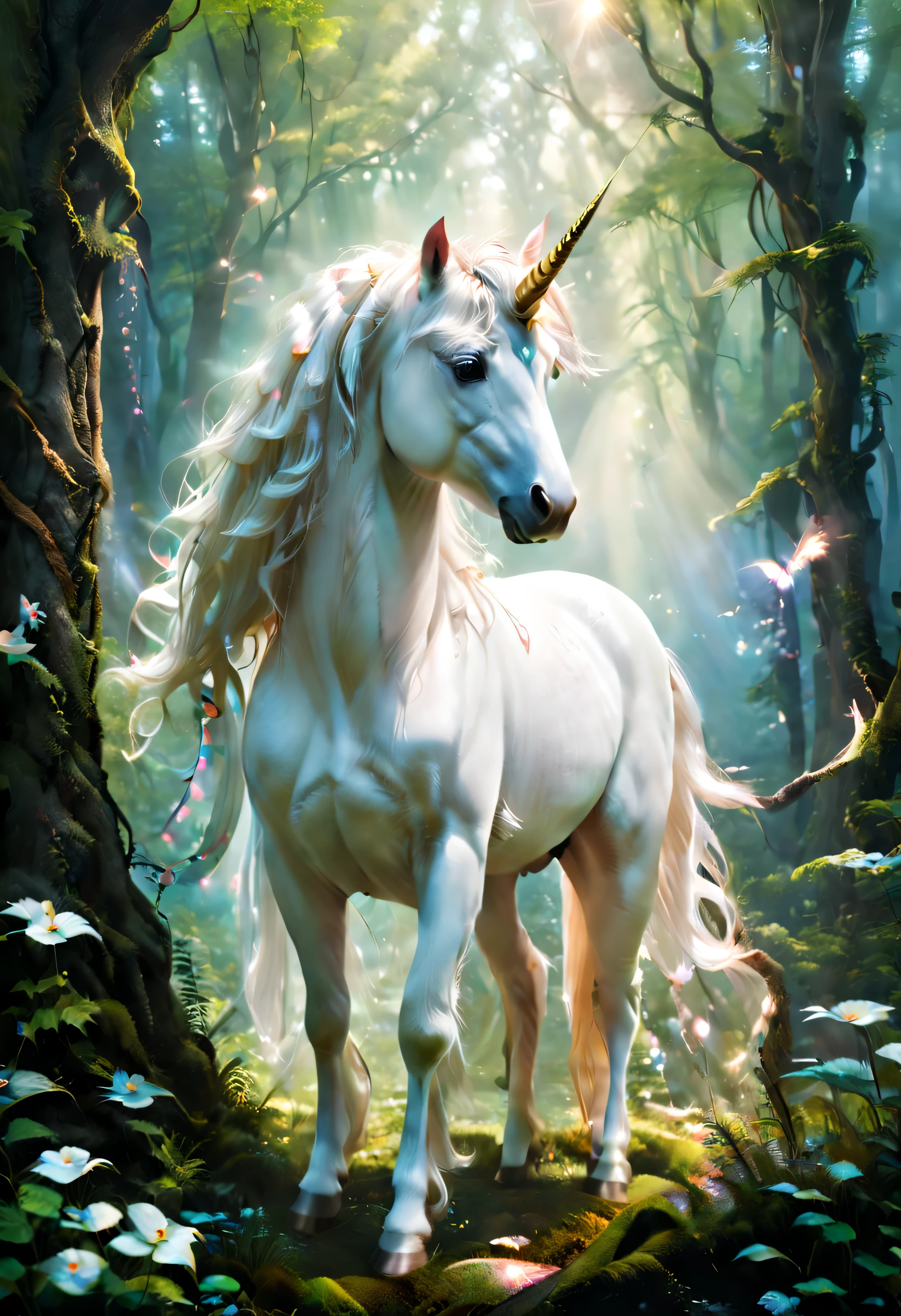 畫面中一匹駿美unicorn守候在山腳下、Deep in the forest or by the lake.Next to me are my beautiful friends sleeping soundly in the forest,Densely wooded、Verdant meadows、rolling mountains or sparkling lakes。 Very magical and dreamy, Beautiful images ever created, very beautiful photos, extremely beautiful and ethereal, white unicorn, beautiful fantasy, Fantasy Beauty, beautiful fairy, very beautiful fantasy art, beautiful depiction, unicorns, magical and mysterious, mysterious creature, Ethereal fairy tale, unicorn, beautiful fantasy art, ethereal fantasy