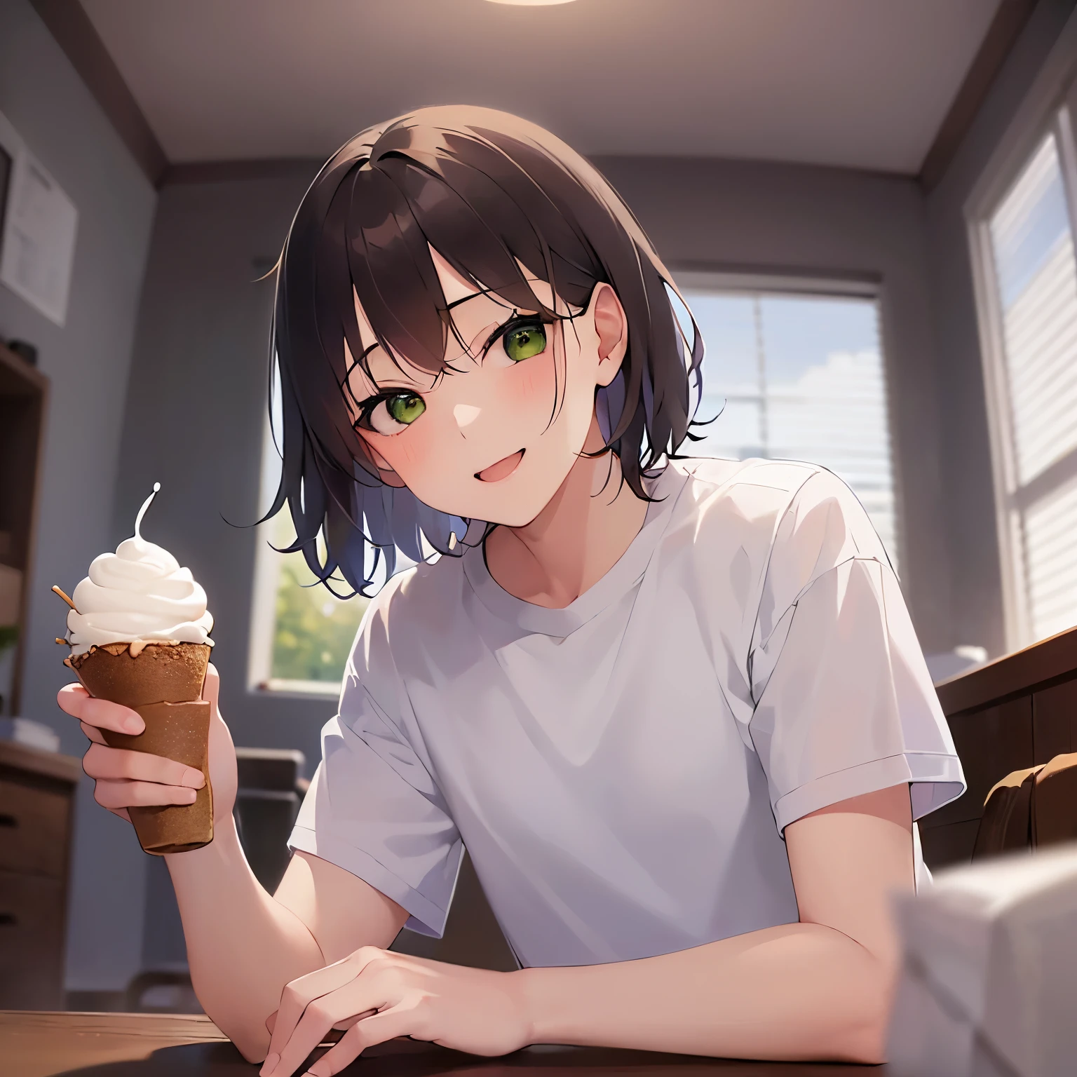 Shooting from below, holding a Ice cream, masterpiece、high quality、(25 year old man with short dark brown hair and green eyes:1.5), wearing a white T-shirt、(Alone:1.5)、smile, (Only the upper body is shown.:1.3)、Stay in the living room、Are standing、