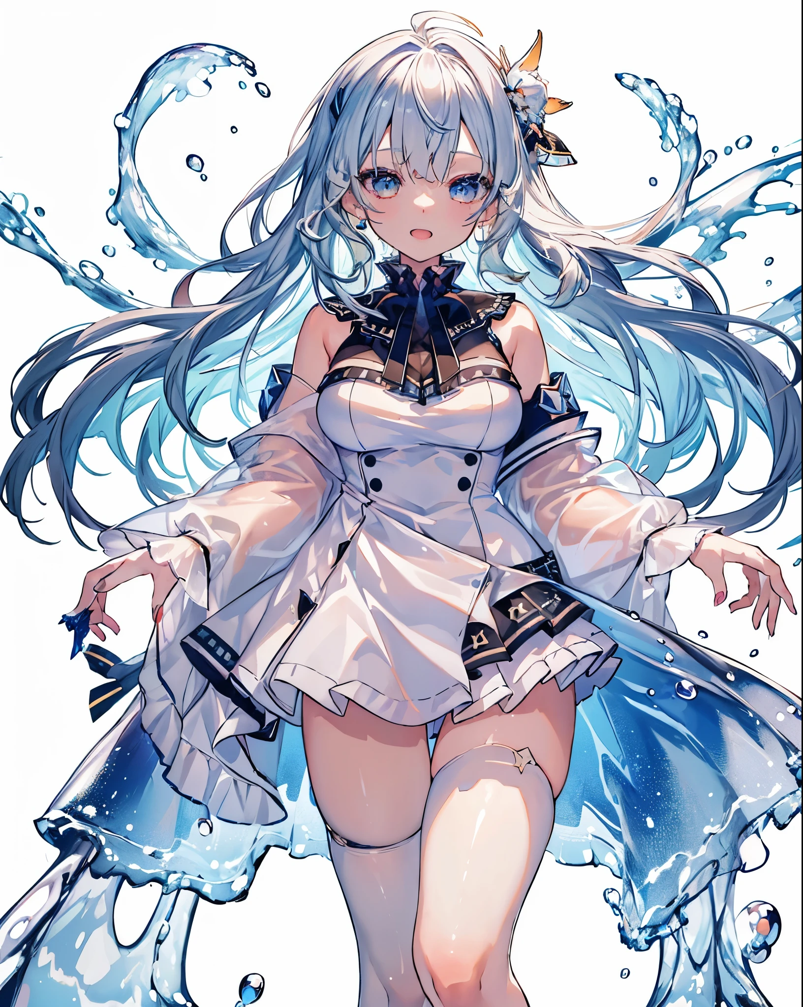 (best quality, highres, ultra-detailed), realistic, 1girl, head to toe, Vtuber, vtuber model, rendered,2d, full body, water-based, white background, dress, skirt, bright colors, shiny material, long hair, expressive eyes, detailed face, confident expression