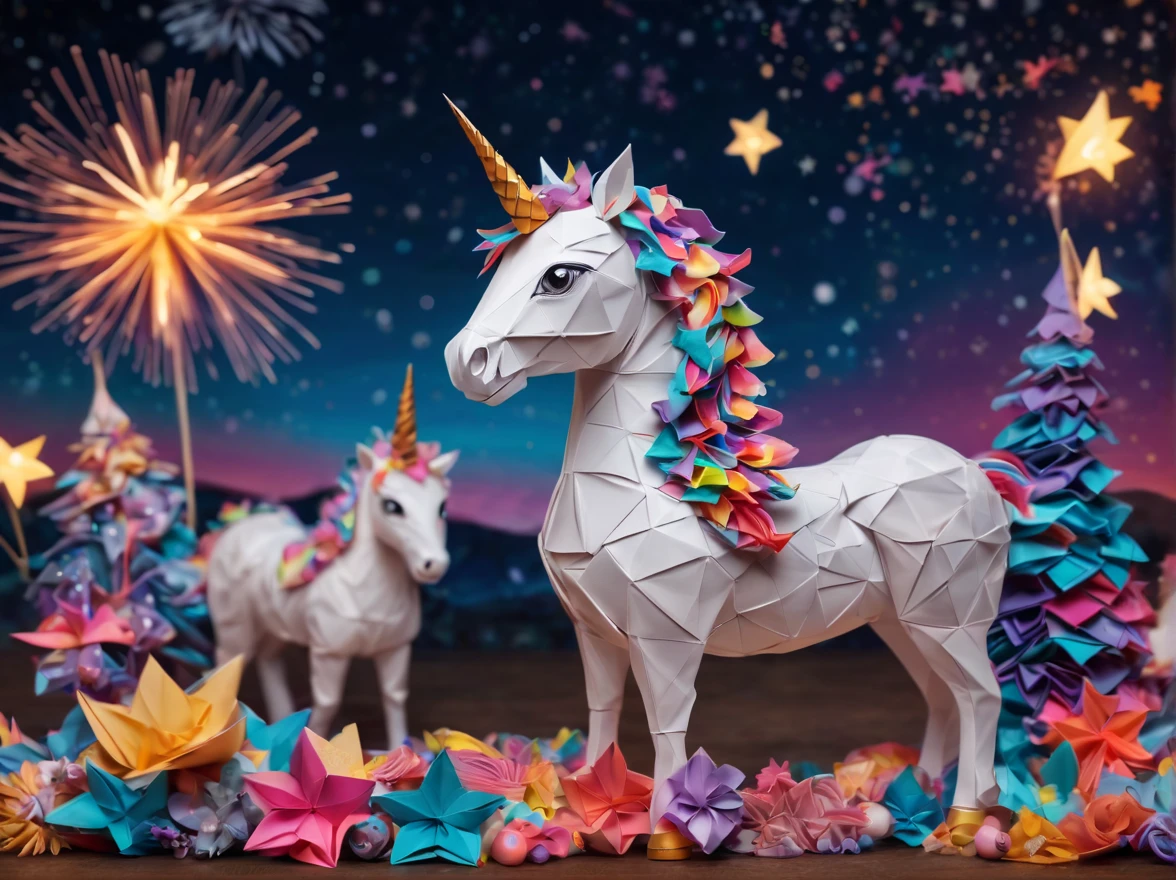 Full scene. mini ponytailed unicorn portraits, unicorn big smile to the camera, starry sky, zentangled, origami, 3d crunch, magical flashes and explosions crossing the horizon,