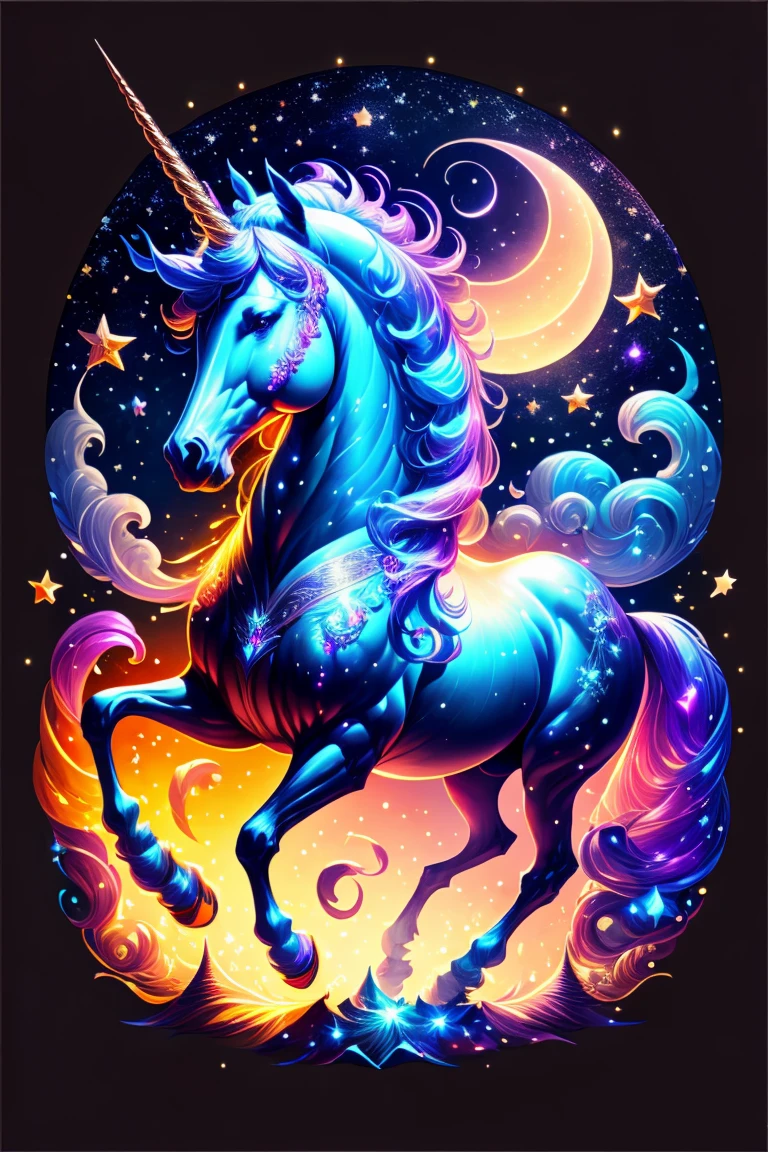 Colorful unicorns running in the night sky，isolated on black background，majestic and dreamy，stunning render，in shining connections，Magical elements，The is amazing，Beautiful dreamy rainbow、Multicast colorful spells、Bright flash