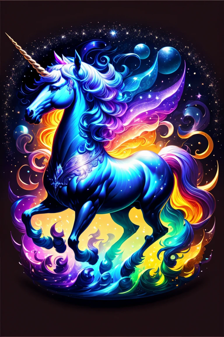 Colorful unicorns running in the night sky，isolated on black background，majestic and dreamy，stunning render，in shining connections，Magical elements，The is amazing，Beautiful dreamy rainbow、Multicast colorful spells、Bright flash