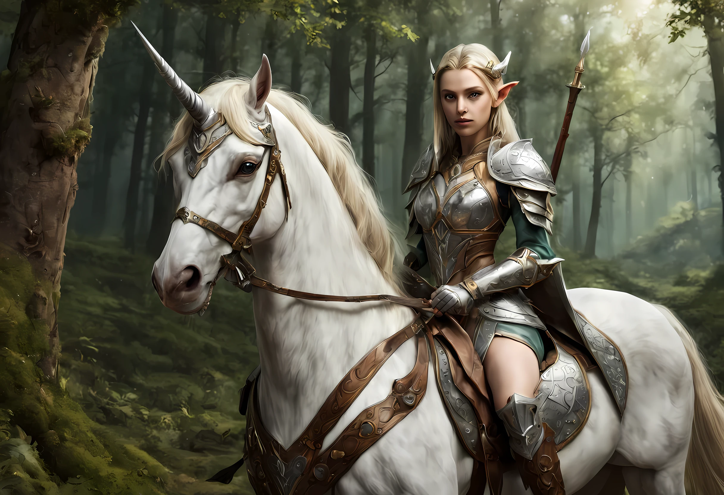 a illustration of a beautiful female elf knight riding a unicorn in the forest, female elf knight, extremely beautiful female elf (best details, Masterpiece, best quality: 1.5), ultra feminine princess, ultra detailed face (best details, Masterpiece, best quality: 1.5), determined face, ready for war, blond hair, long hair, wavy hair, dynamic eyes color, armed with a long sword, wearing leather armor, elven armor  F41Arm0rXL (best details, Masterpiece, best quality: 1.5), white unicorn (best details, Masterpiece, best quality: 1.5), fantasy forest and some clouds in the background, fantasy art dnd art, RPG art magv1ll, Ultra-Wide Angle, high detail, award winning, best quality, HD, 16K, high details, best quality, absurd highres, ultra wide angle, photorealistic, ultra realistic [[anatomically correct]], high details, best quality, 16k, [ultra detailed], masterpiece, best quality, (extremely detailed), ultra wide shot, photorealistic,