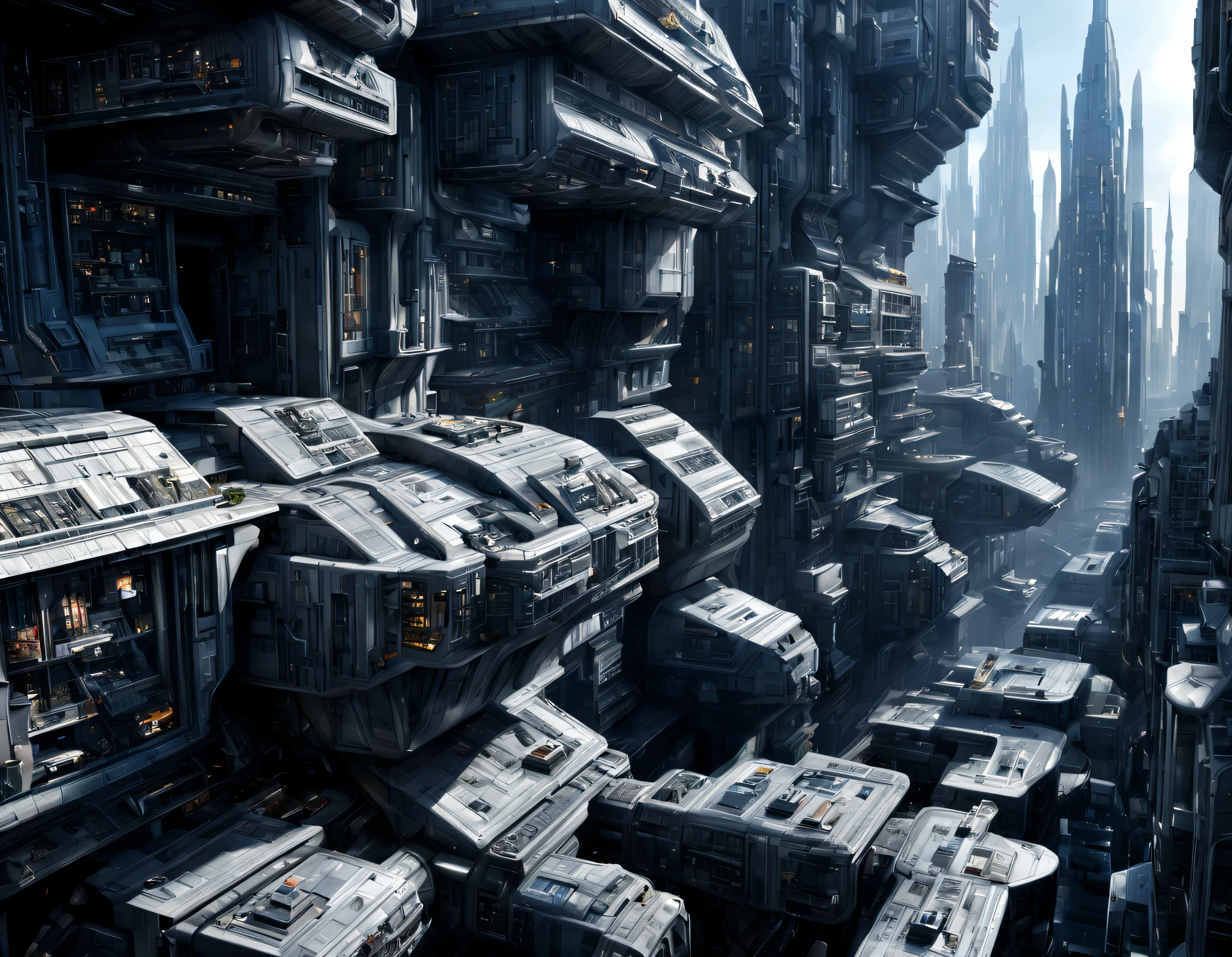 (The city of Coruscant from Star Wars as designed by Doug Chiang), futuristic fantasy city with immense buildings of technological design (que forman una avenida infinita), non-blurred compact buildings with metallic appearance, luces en ventanas en edificios, daylight lighting with sun, con estructuras acristaladas espectaculares, (con colores vivos). pavimento ensolado (sin brillo). gente paseando. imagen bien definida con muchos edificios juntos. sharp well defined 8k image. los edificios llegan alta el fondo.,8k. cinematographic image. ((obra maestra de superior calidad)). (renderizado 3D).
